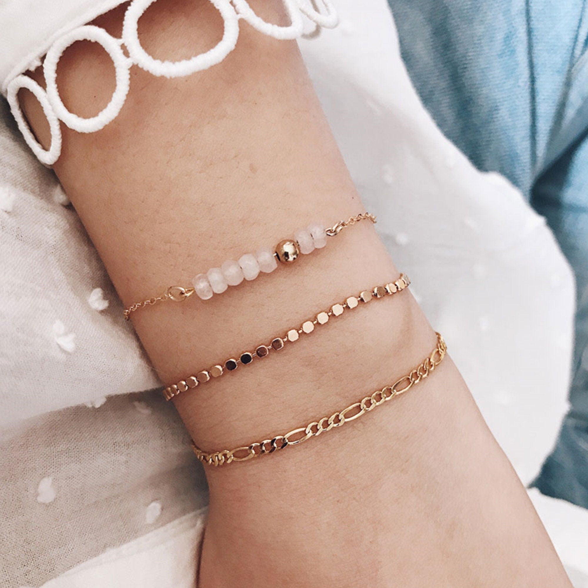 Bracelet Chaîne Gourmette Figaro Or style minimaliste - Bracelet chaîne délicate de superposition - Cadeau pour elle