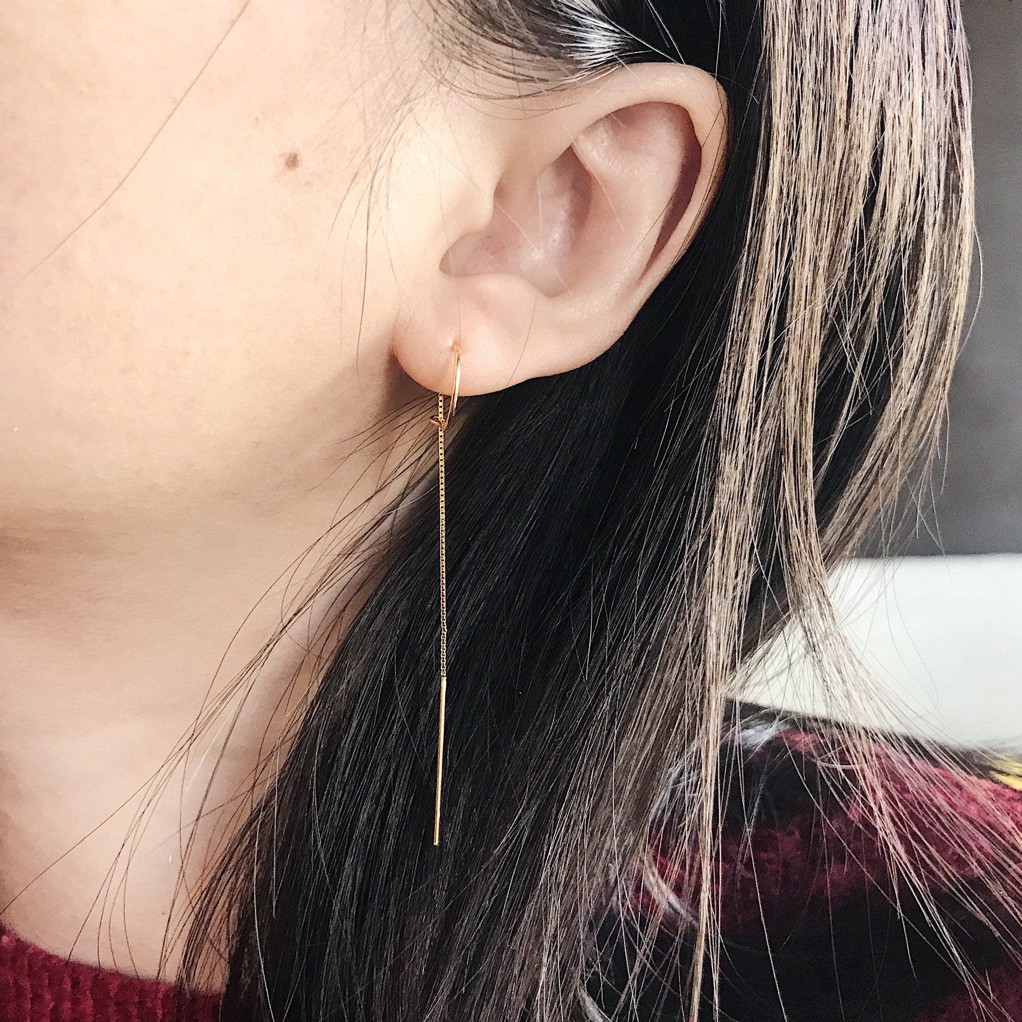 Gold Long Threader Earrings, Dainty Chain Earrings, Pull Through Earrings, Bar Ear Threader String Earrings, Circle Threader Dangle Earrings