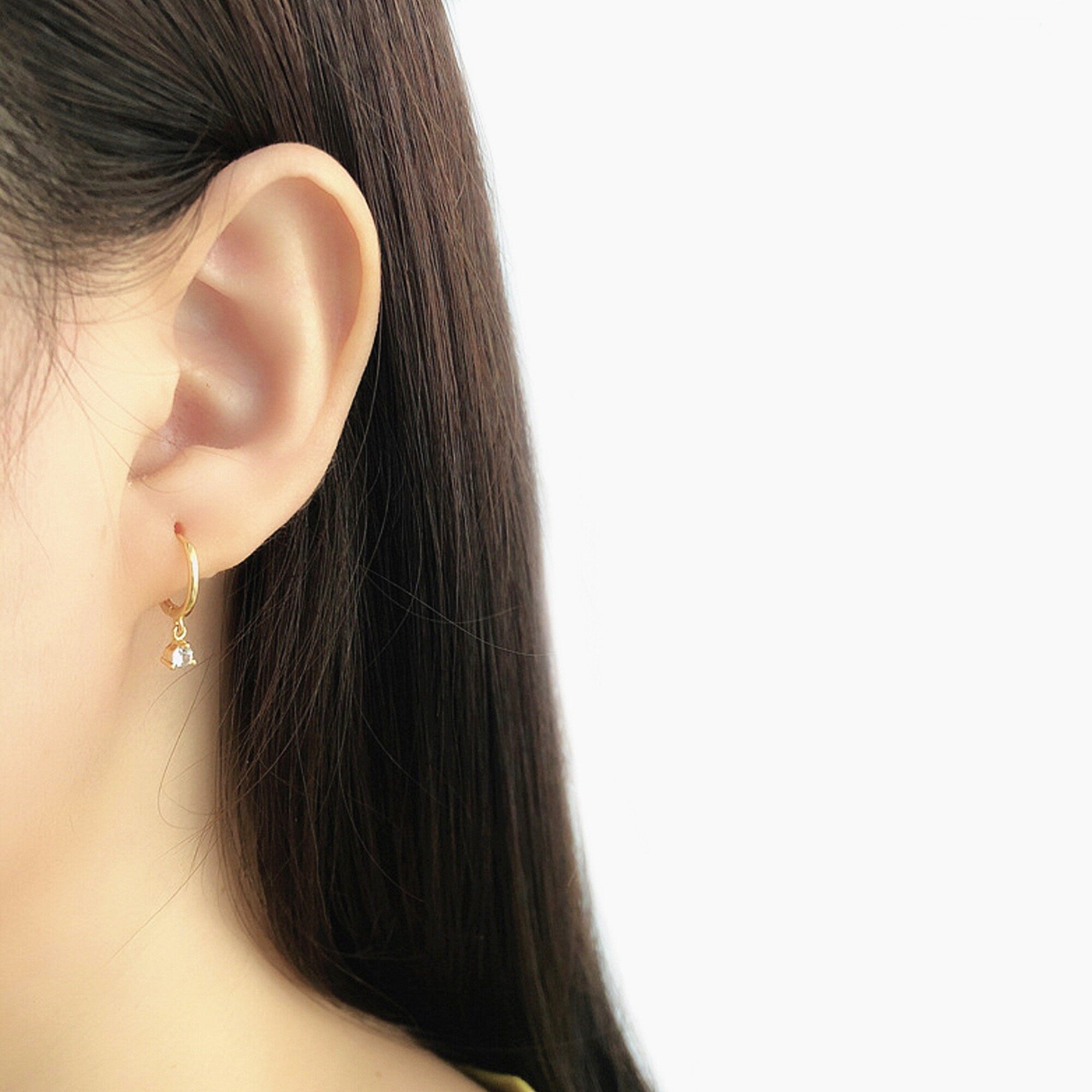 CZ Dainty Small Gold Hoop Earrings, CZ Dangle Charm hoops, Minimal Tiny Huggie Diamond hoops, Sister Birthday GIft