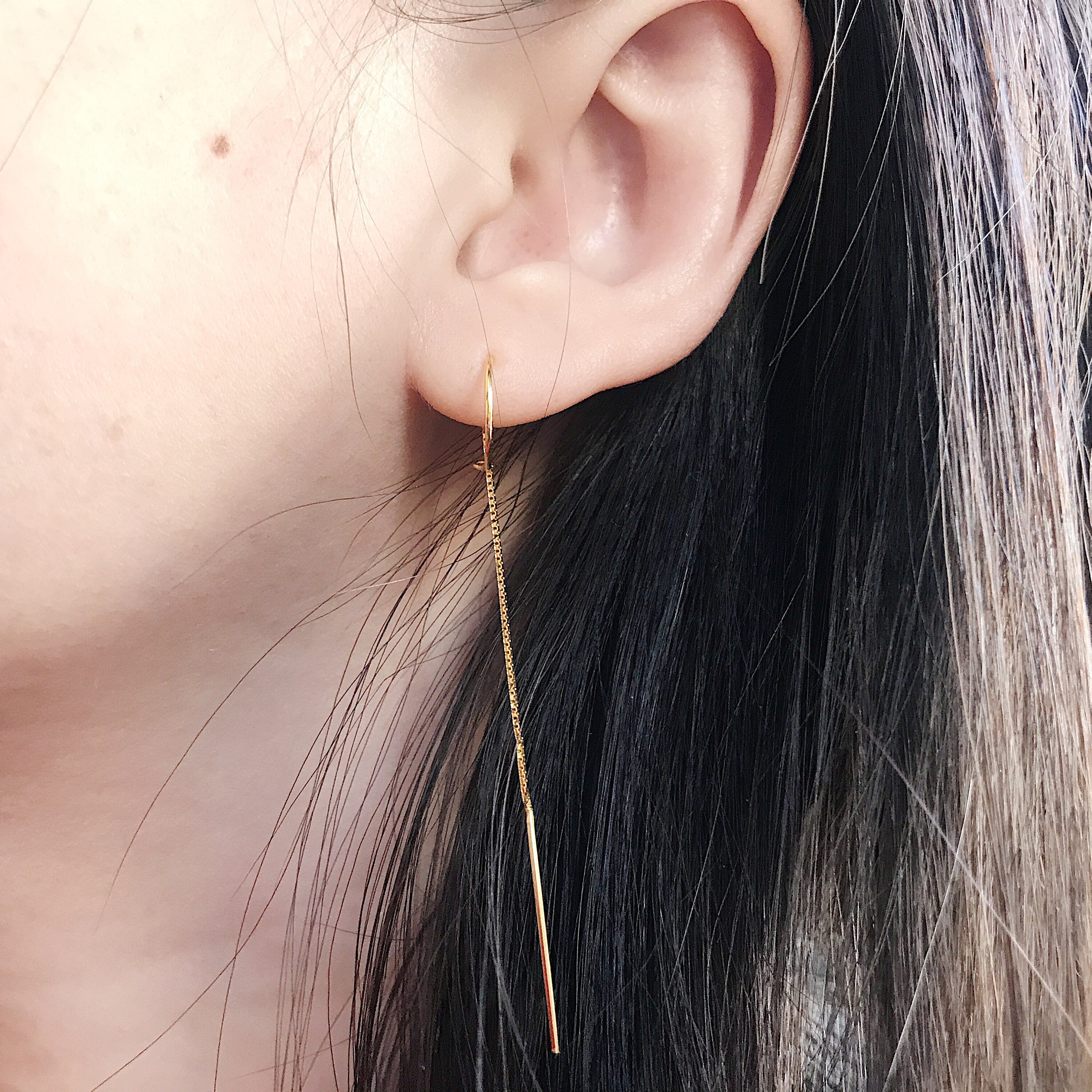 Gold Long Threader Earrings, Dainty Chain Earrings, Pull Through Earrings, Bar Ear Threader String Earrings, Circle Threader Dangle Earrings