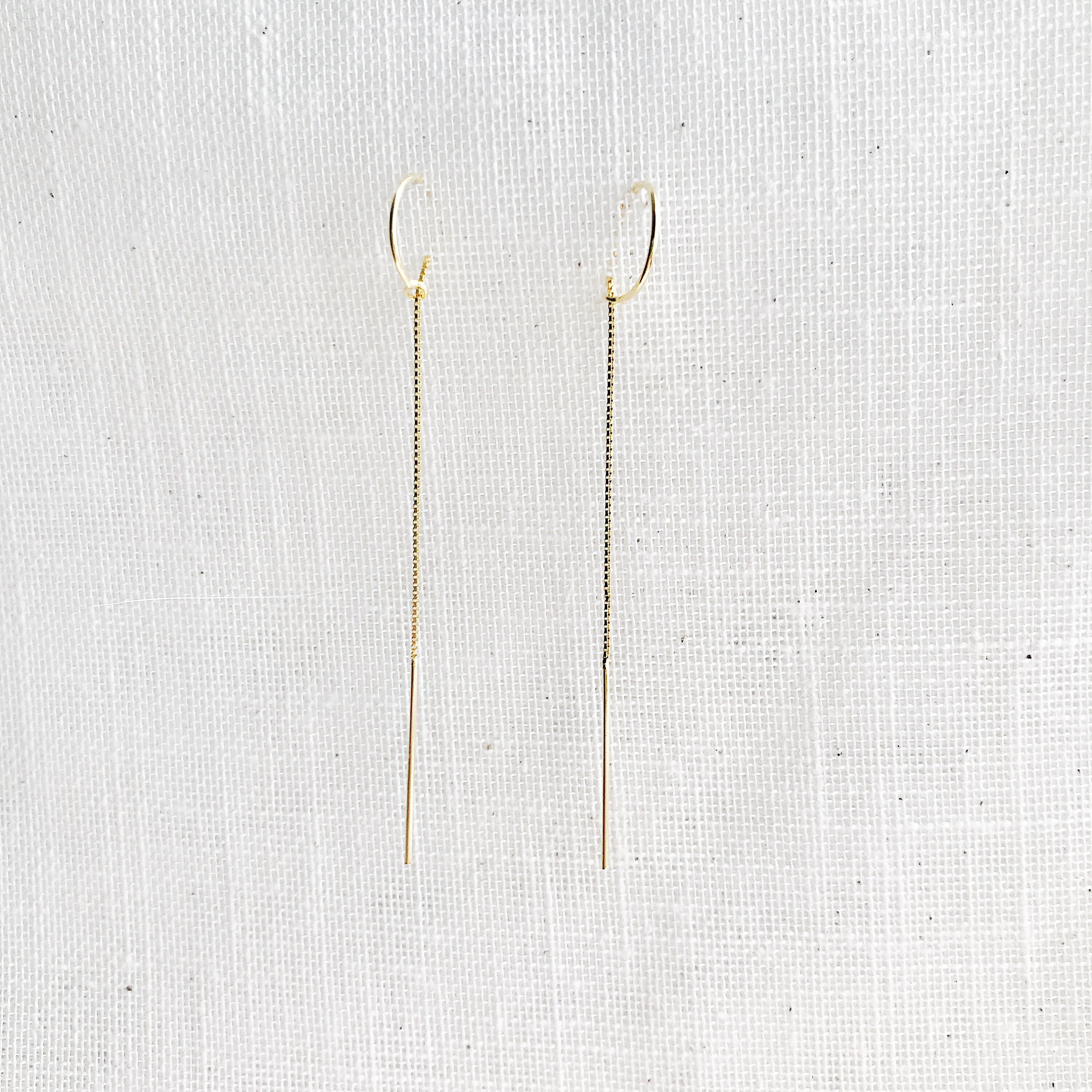 Gold Long Threader Earrings, Dainty Chain Earrings, Pull Through Earrings, Bar Ear Threader String Earrings, Circle Threader Dangle Earrings