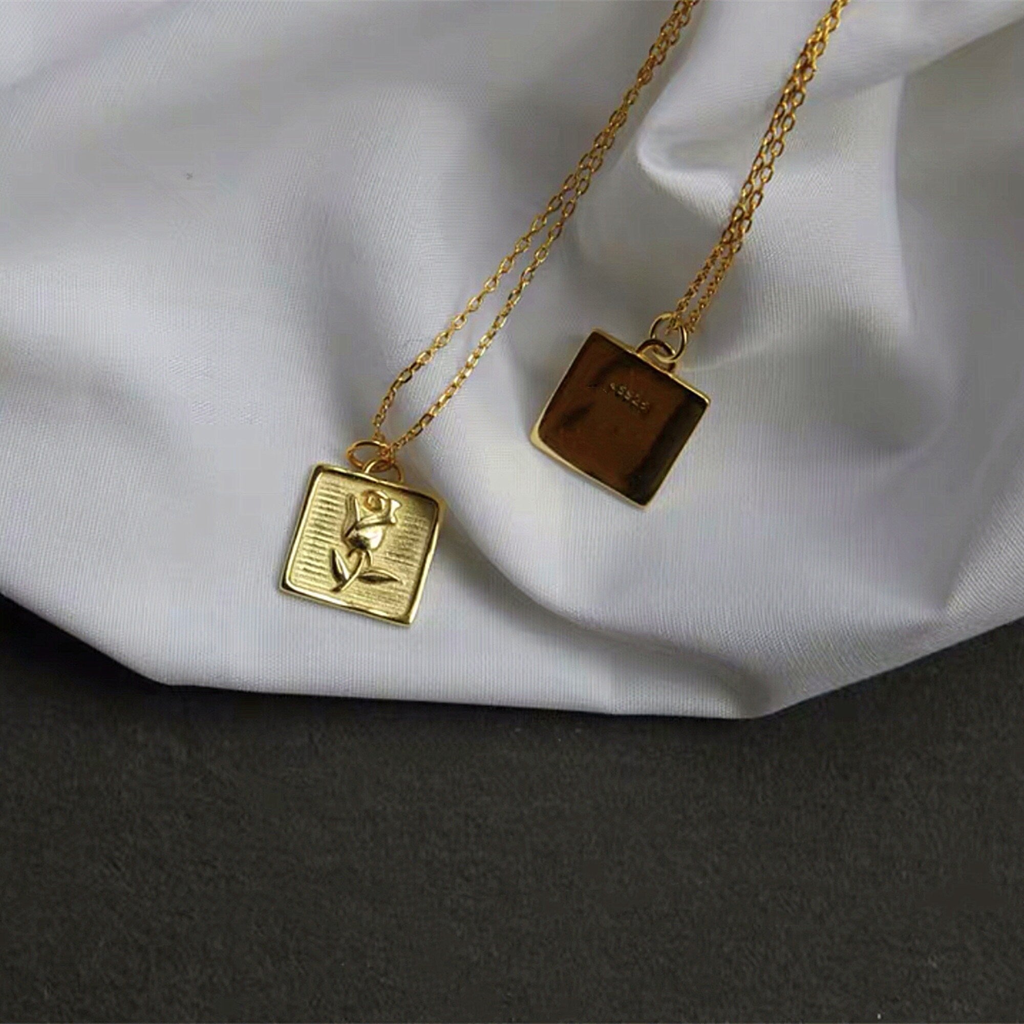 Vintage Gold Plated Rose Square Pendant Coin Necklace, Bohemian Gold Medallion Necklace, Square Pendant Layering necklace, "ROSA" Necklace