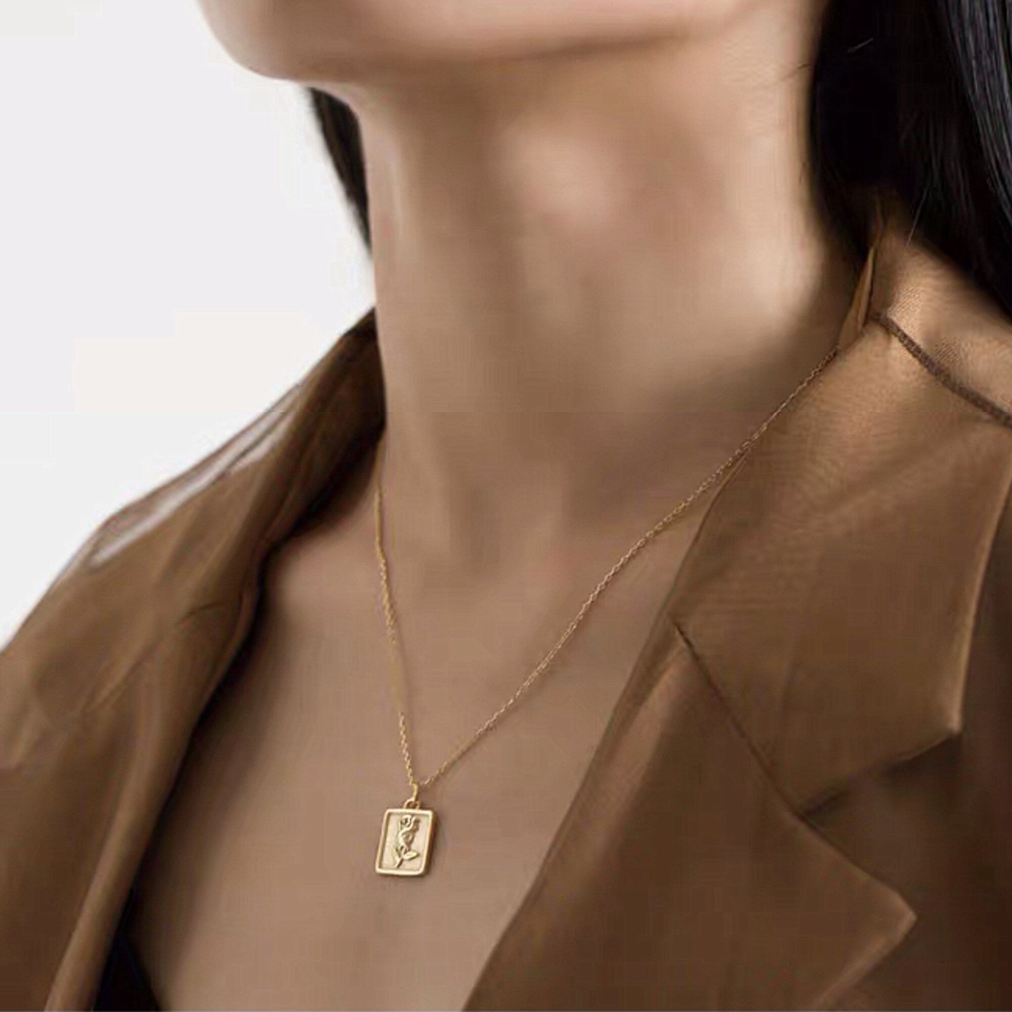 Vintage Gold Plated Rose Square Pendant Coin Necklace, Bohemian Gold Medallion Necklace, Square Pendant Layering necklace, "ROSA" Necklace