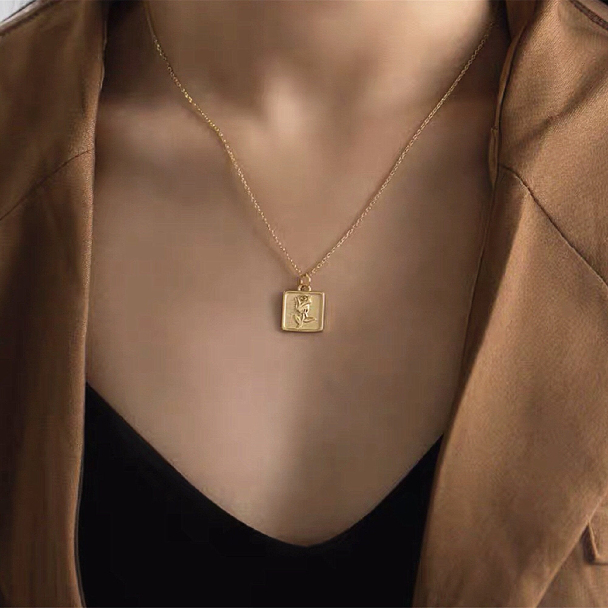 Vintage Gold Plated Rose Square Pendant Coin Necklace, Bohemian Gold Medallion Necklace, Square Pendant Layering necklace, "ROSA" Necklace