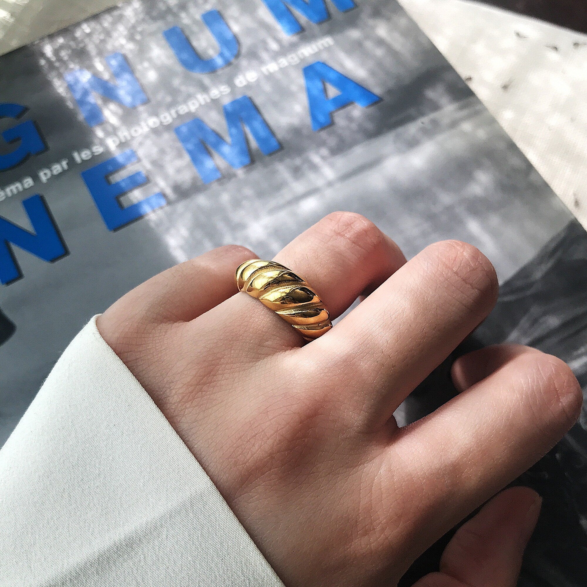 Gold Plated Chunky Croissant Dome Ring, Gold Wide Twisted Dome Ring, Gold Statement Stacking Ring, Gift for her