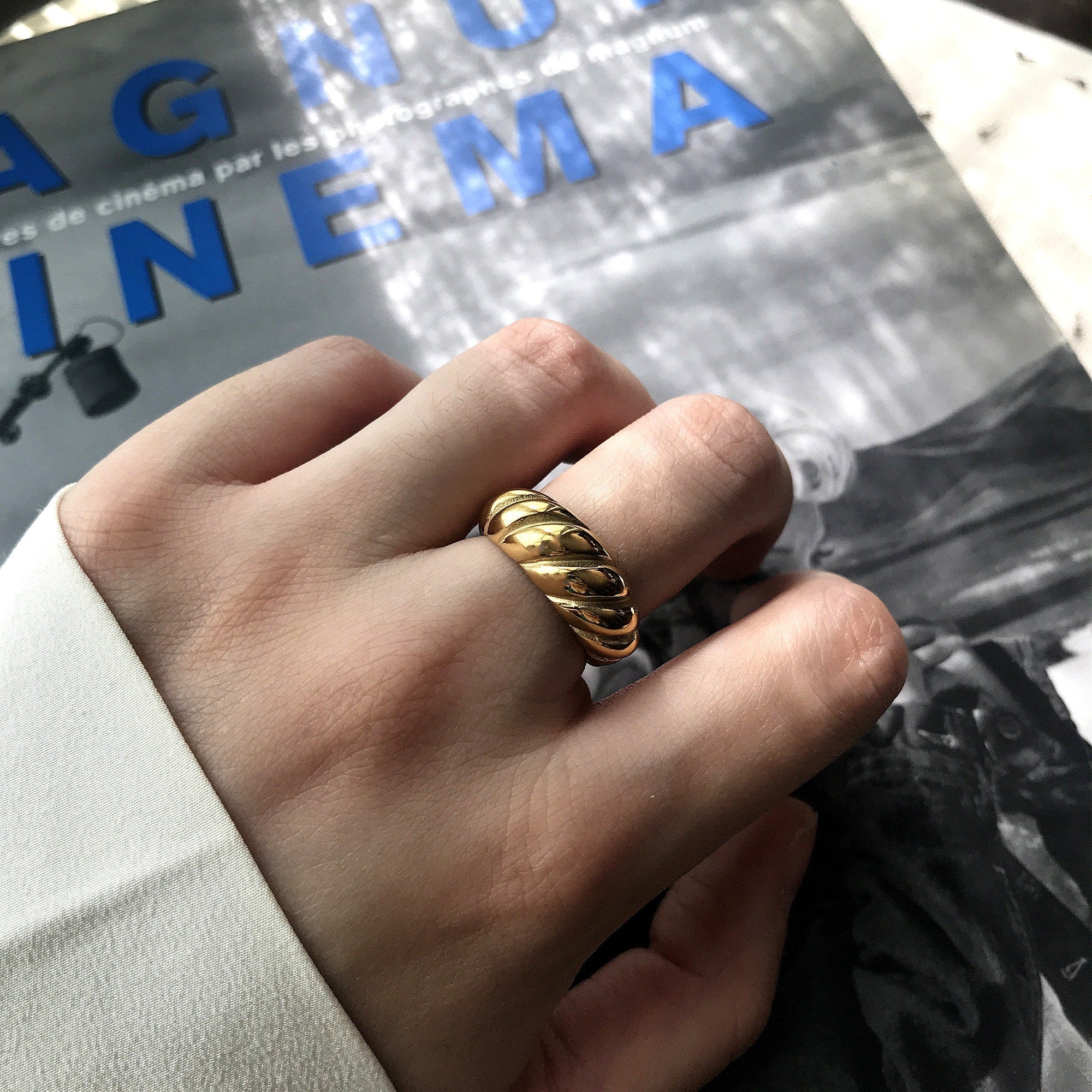 Gold Plated Chunky Croissant Dome Ring, Gold Wide Twisted Dome Ring, Gold Statement Stacking Ring, Gift for her