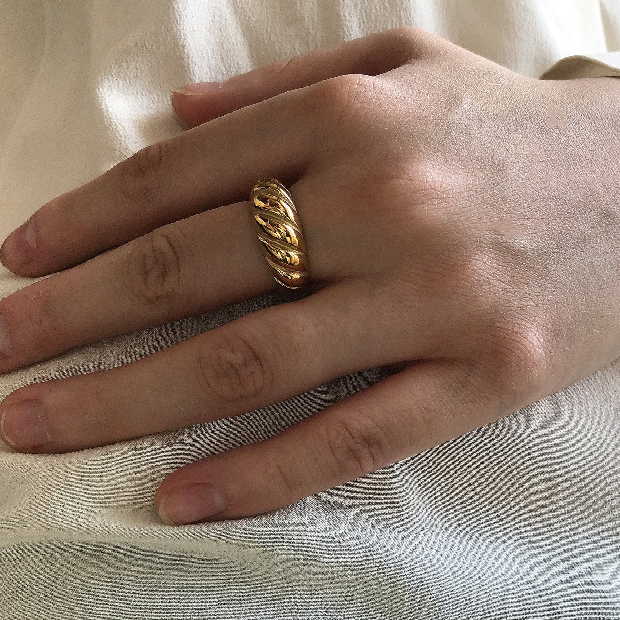 Gold Plated Chunky Croissant Dome Ring, Gold Wide Twisted Dome Ring, Gold Statement Stacking Ring, Gift for her
