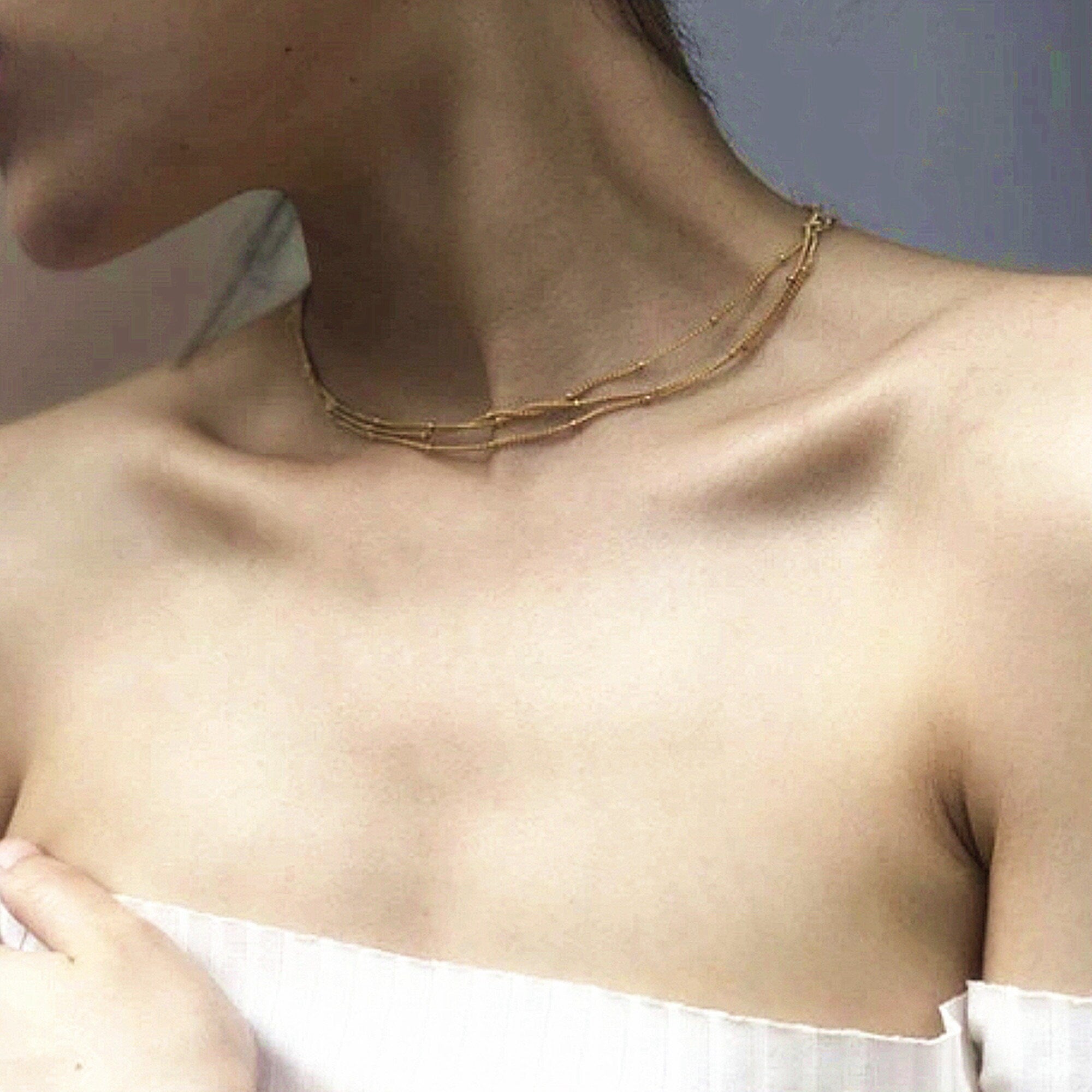 Gold Multi Strands Beaded Satellite Chain Necklace Choker, Delicate Layering Necklace, Minimalist Simple Chain Necklace, "Doris" Necklace