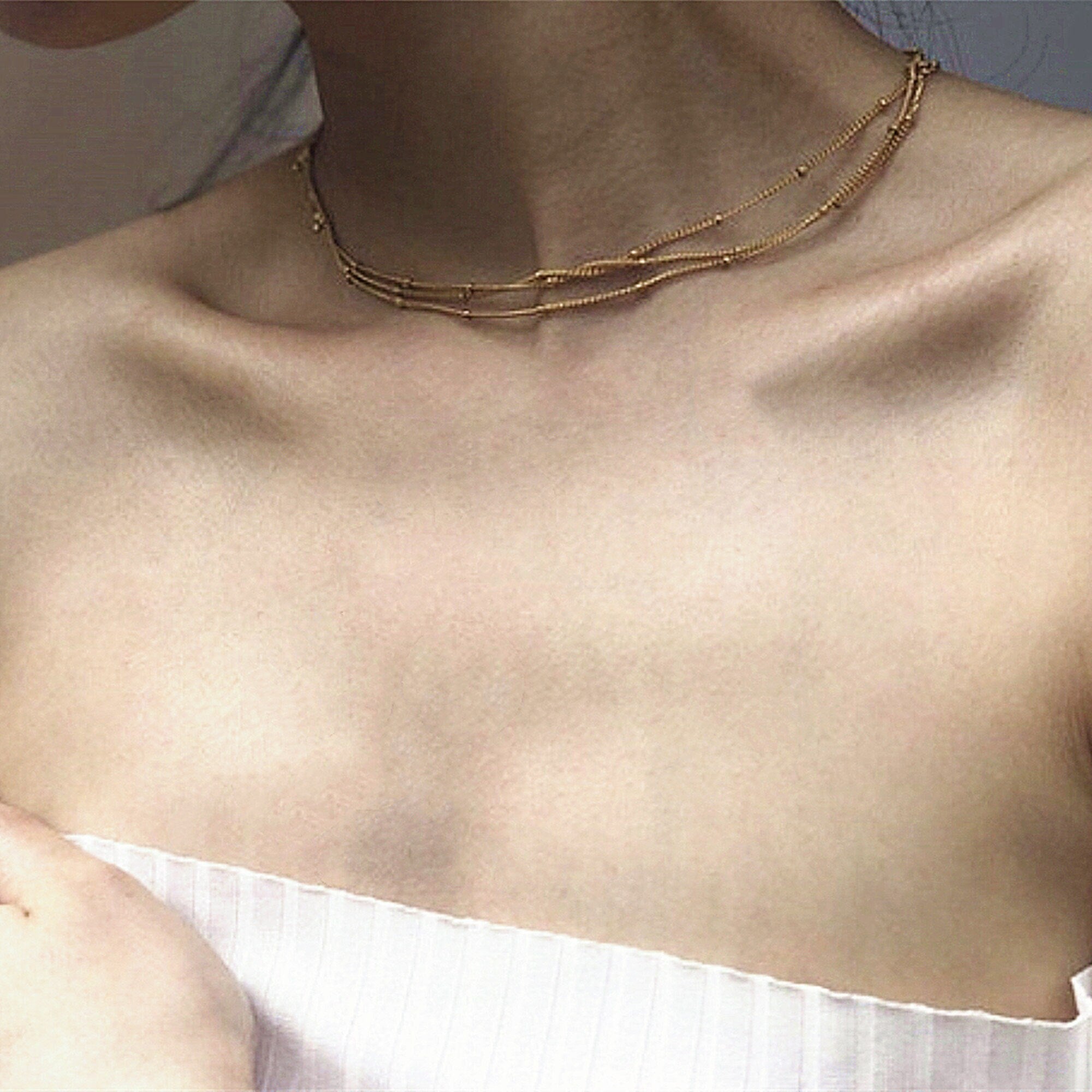 Gold Multi Strands Beaded Satellite Chain Necklace Choker, Delicate Layering Necklace, Minimalist Simple Chain Necklace, "Doris" Necklace