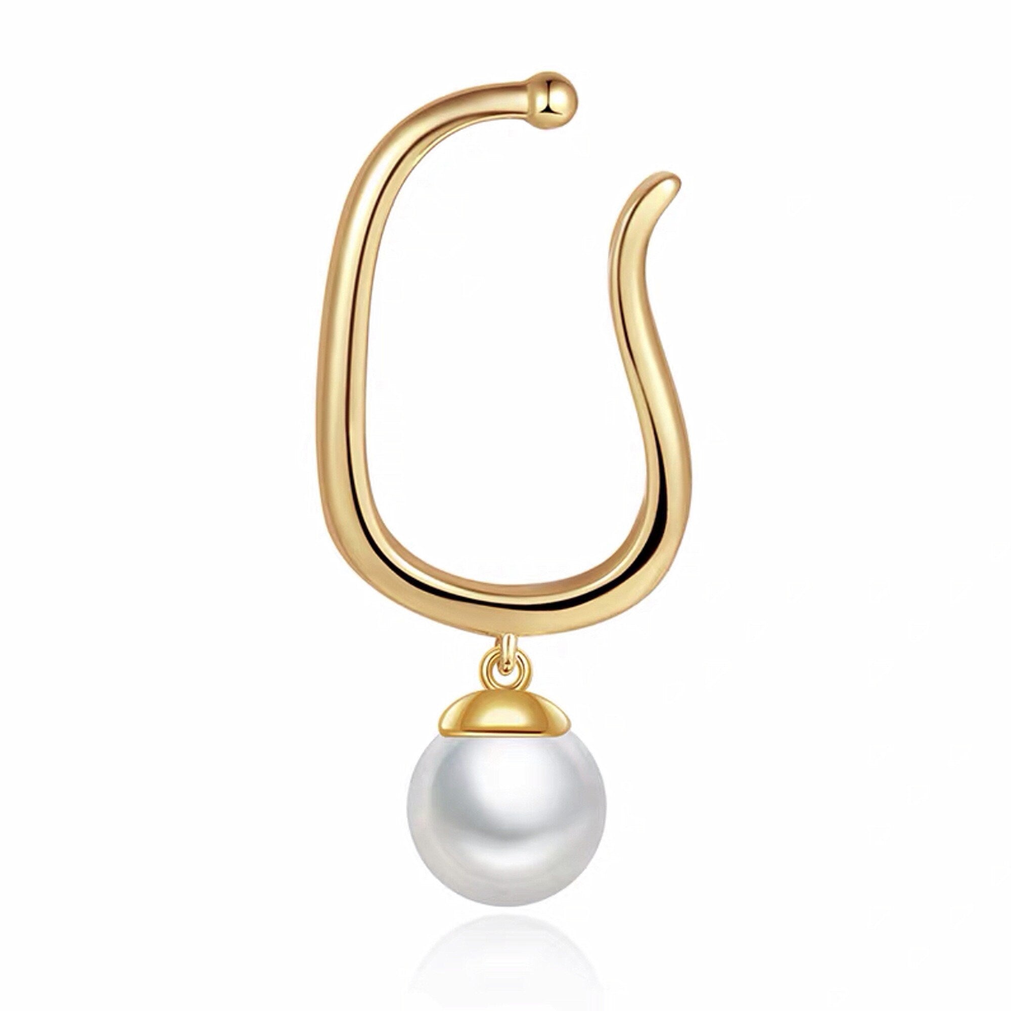 Gold White Pearl Ear Lobe Cuff Stud Non Piercing Earrings, Dainty Pearl lobe Earrings, Pearl Dangle Earrrings, Gift for her. "Ruth" Earrings