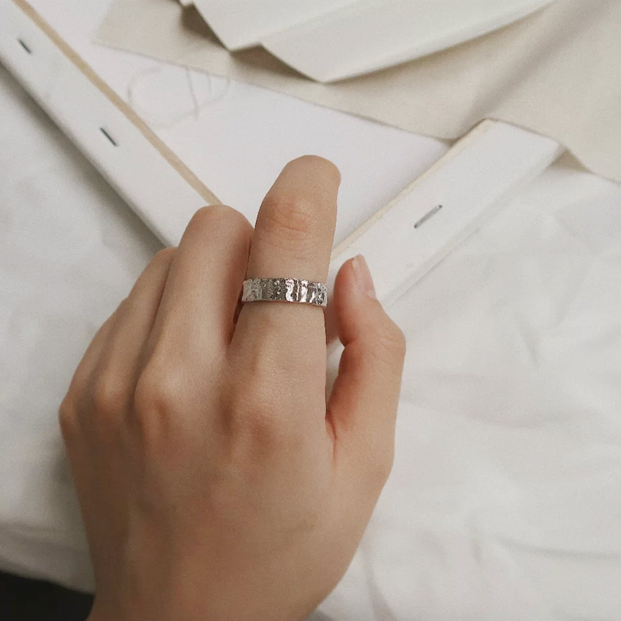 Dainty Hammered Gold and Sliver Band Ring - Stacking Simple Chunky Textured Ring - Statement ring gift for her