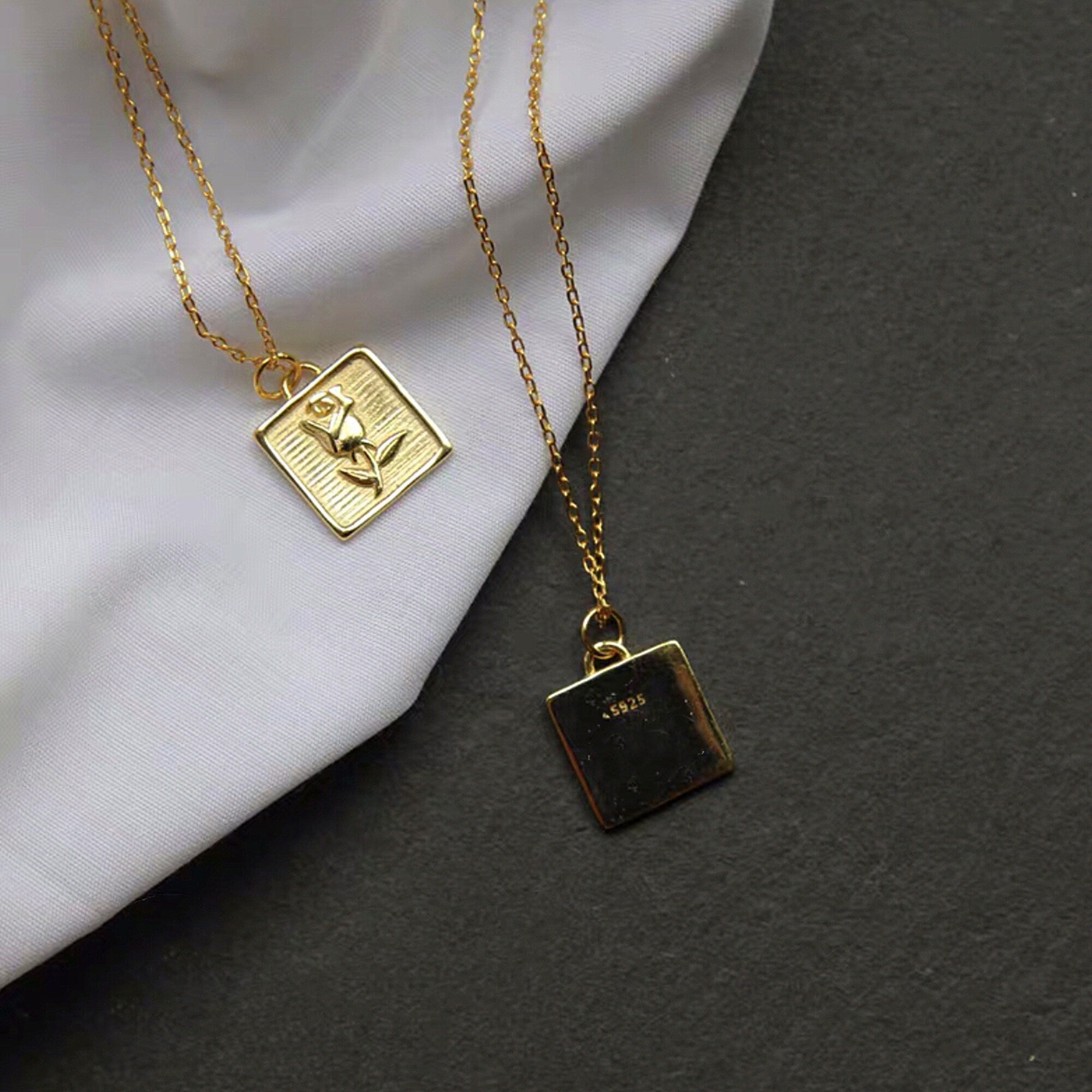 Vintage Gold Plated Rose Square Pendant Coin Necklace, Bohemian Gold Medallion Necklace, Square Pendant Layering necklace, "ROSA" Necklace