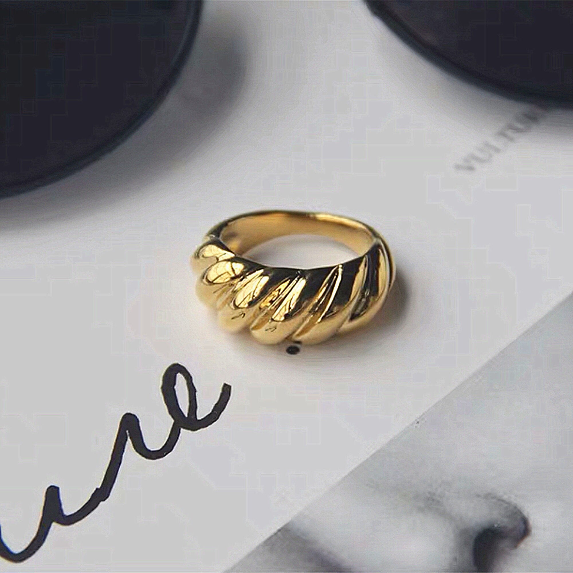 Gold Plated Chunky Croissant Dome Ring, Gold Wide Twisted Dome Ring, Gold Statement Stacking Ring, Gift for her