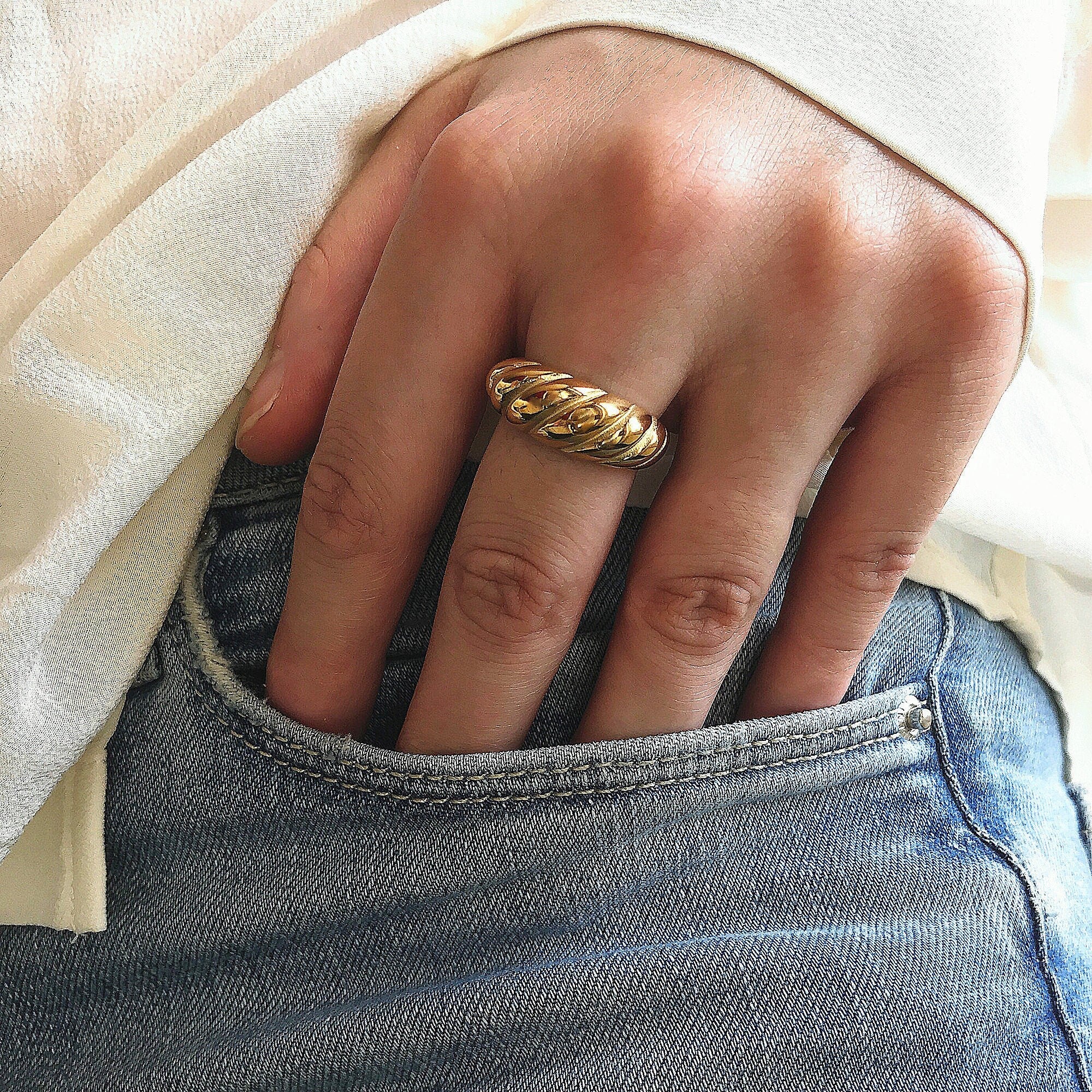 Gold Plated Chunky Croissant Dome Ring, Gold Wide Twisted Dome Ring, Gold Statement Stacking Ring, Gift for her