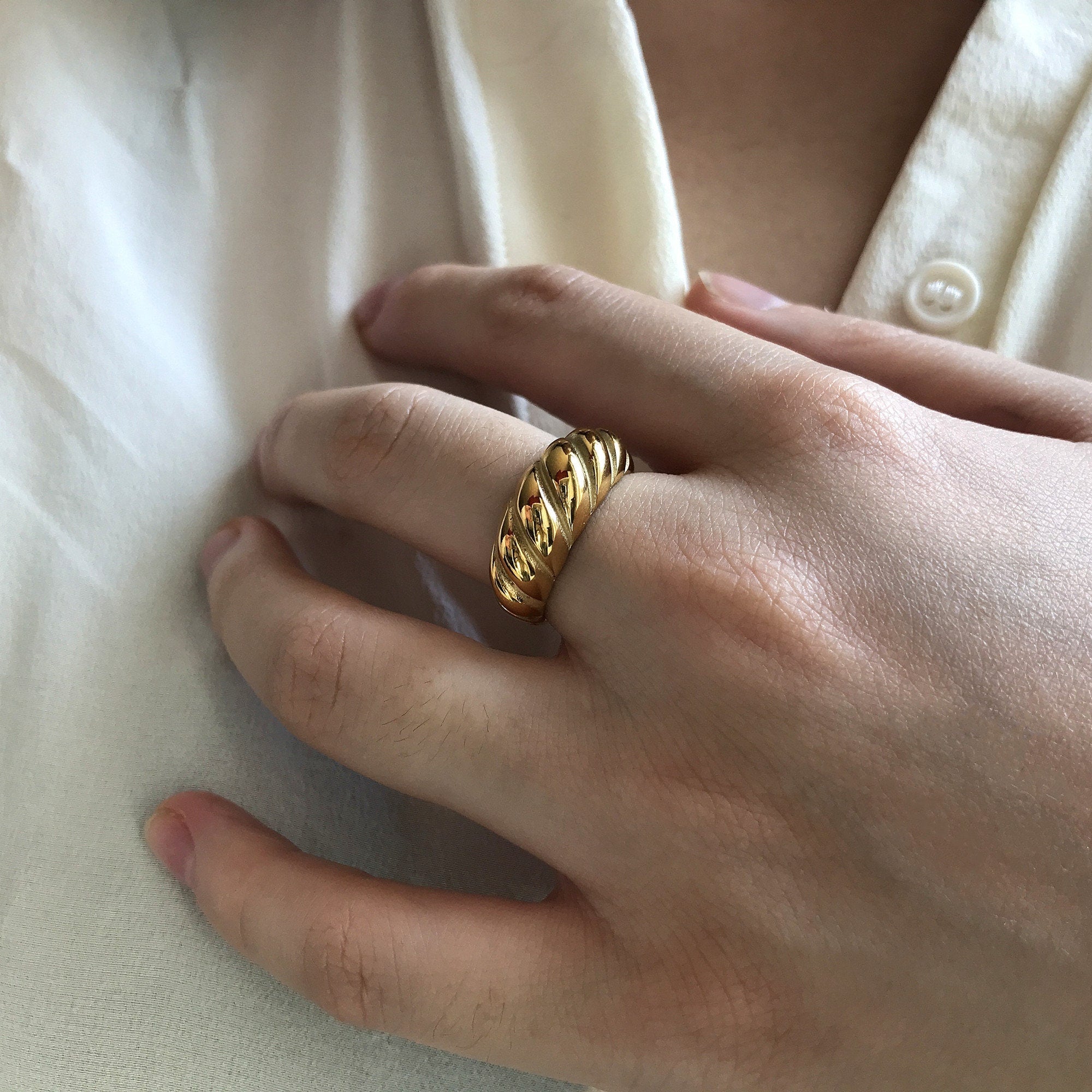 Gold Plated Chunky Croissant Dome Ring, Gold Wide Twisted Dome Ring, Gold Statement Stacking Ring, Gift for her