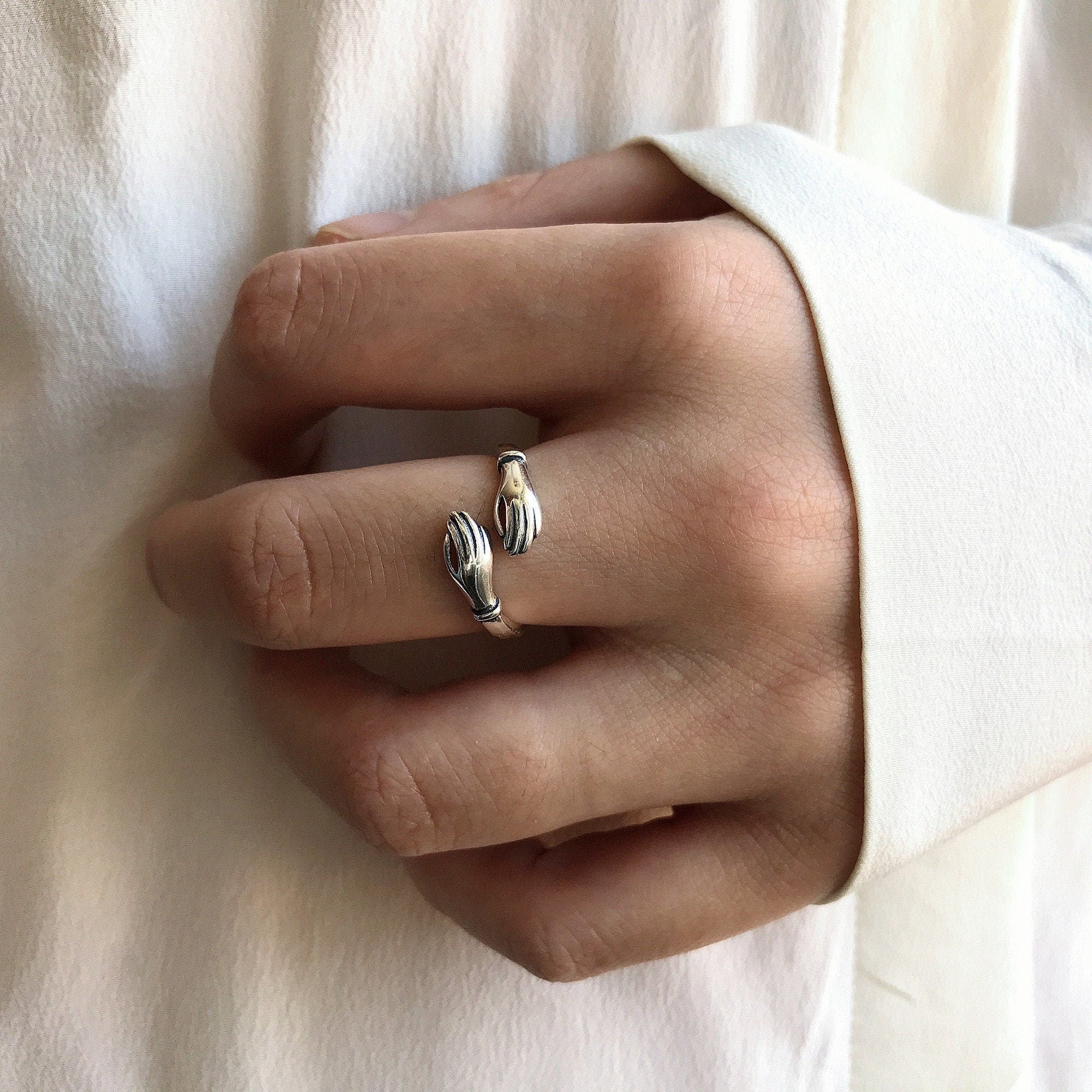 Sterling Silver Little Hands Shaped Adjustable Ring, Simple Silver Hug Adjustable Ring, Sisiter Birthday Gift or Mothers day jewelry