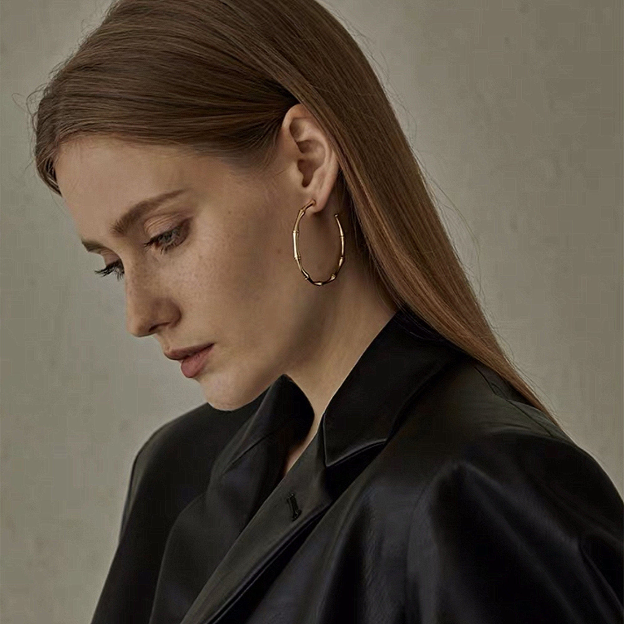 Chunky Gold Bamboo Shaped Hoops Earrings, Gold Vintage Round Hoop Earrings, Dainty Minimalist Creoles, Gift for Her, "Madelyn" Earrings