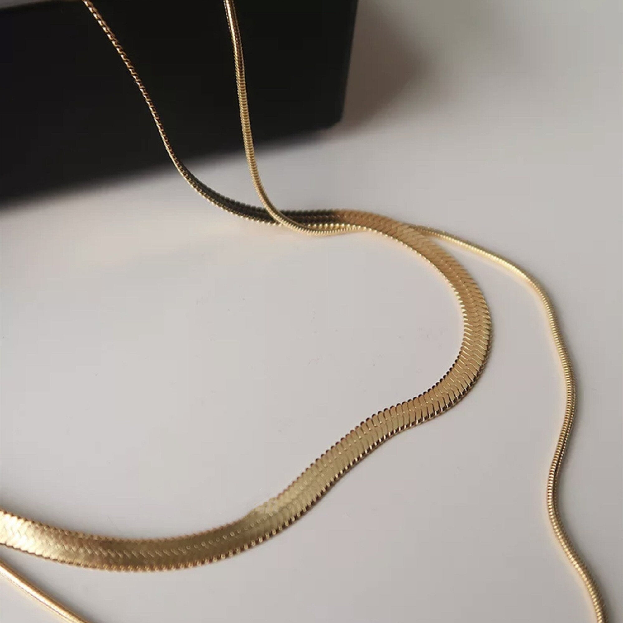 Dainty Gold Double Strands Thick and Thin Snake Choker, Gold Thin Herringbone Chaine Necklace