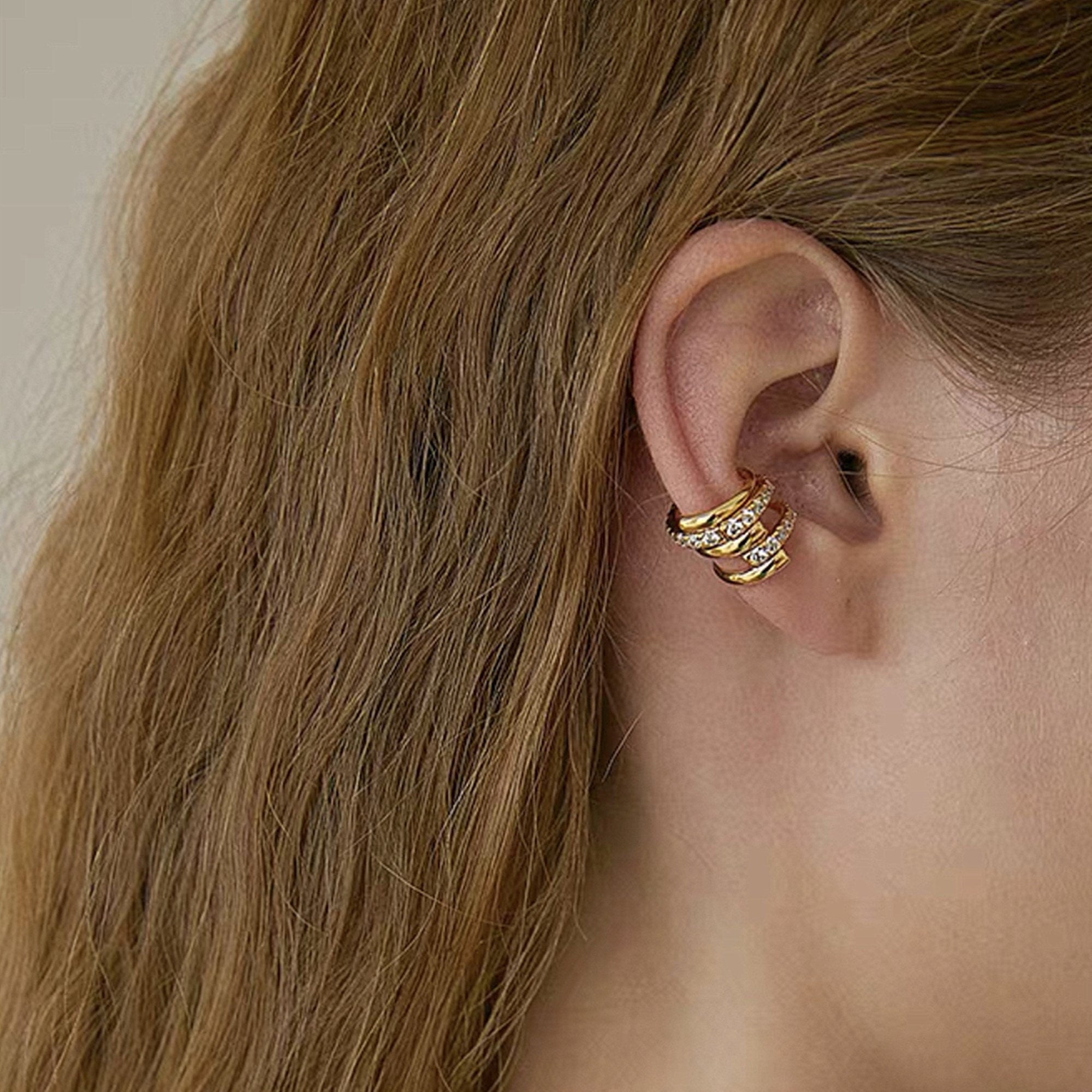 Dainty Two Styles Gold CZ Band Ear Cuff, Delicate CZ Non Piercing Cartilage Conch Ear Cuff, "Helen" Earrings