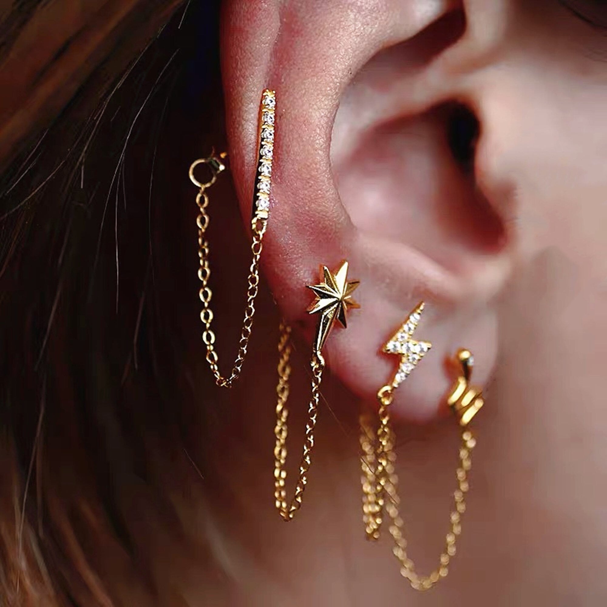 Gold North Star Chain Earrings, Dainty Chain Earrings, Bar Ear Threader String