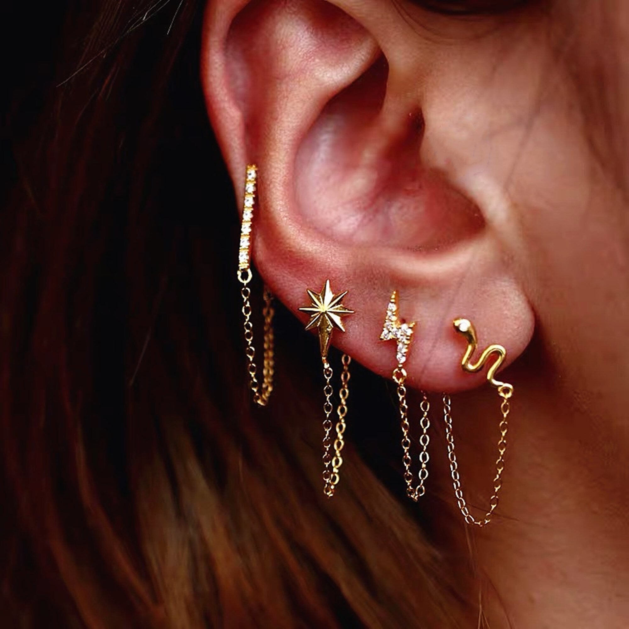 Gold North Star Chain Earrings, Dainty Chain Earrings, Bar Ear Threader String