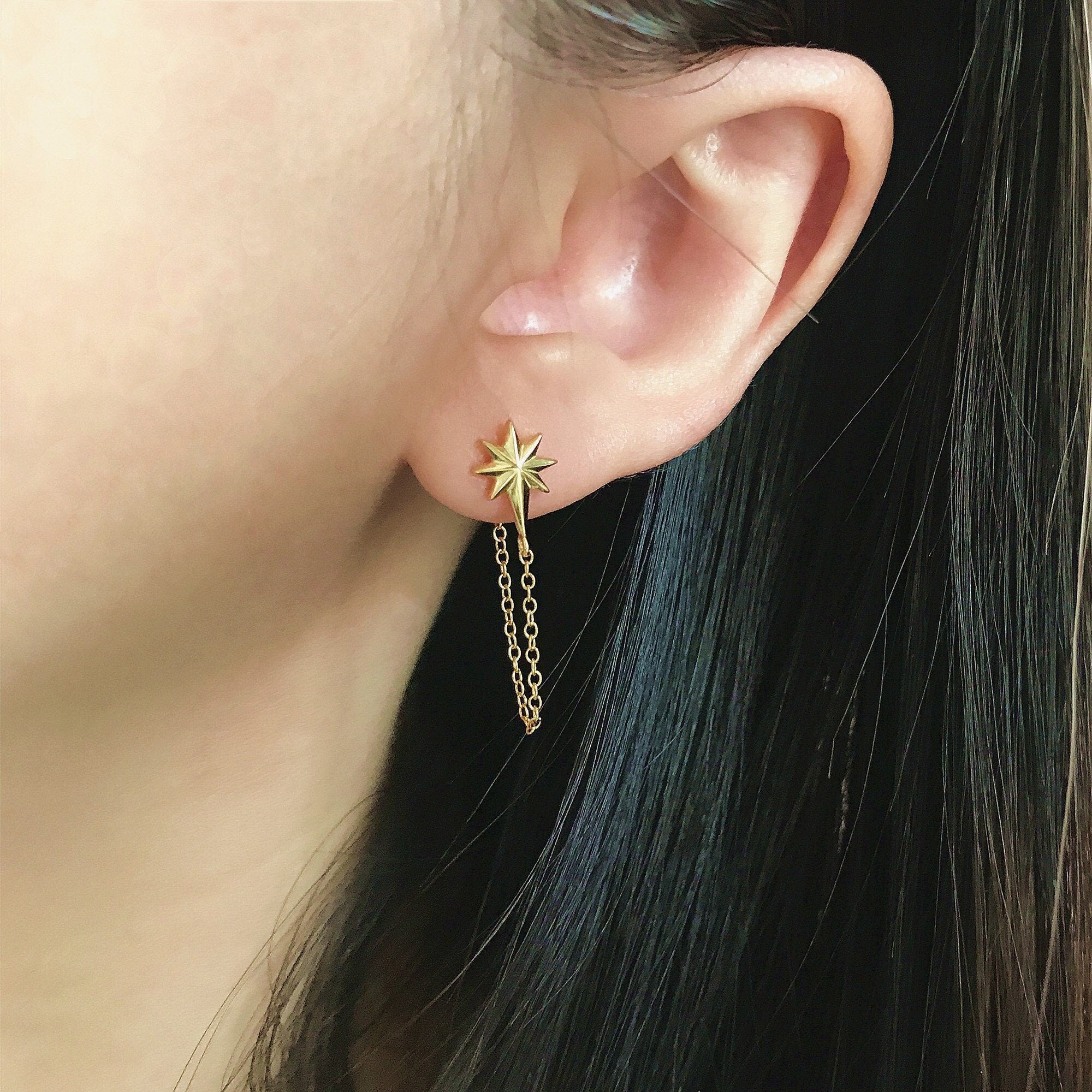Gold North Star Chain Earrings, Dainty Chain Earrings, Bar Ear Threader String