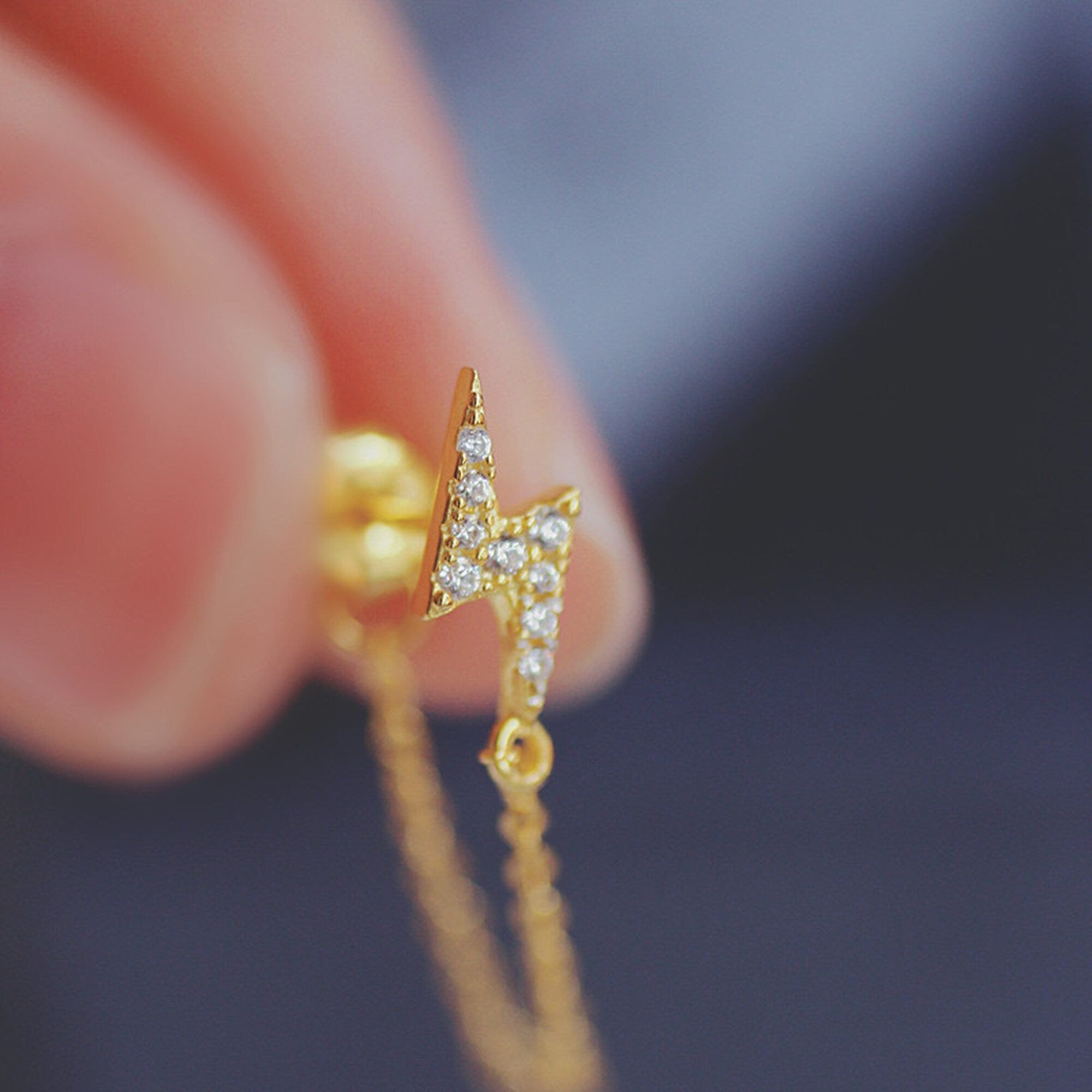 Gold CZ Lightning bolt Chain Earrings, Dainty Chain Earrings, Bar Ear Threader String