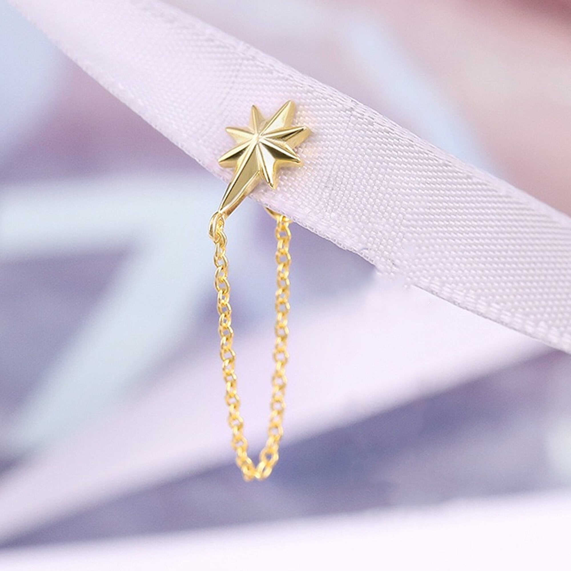Gold North Star Chain Earrings, Dainty Chain Earrings, Bar Ear Threader String