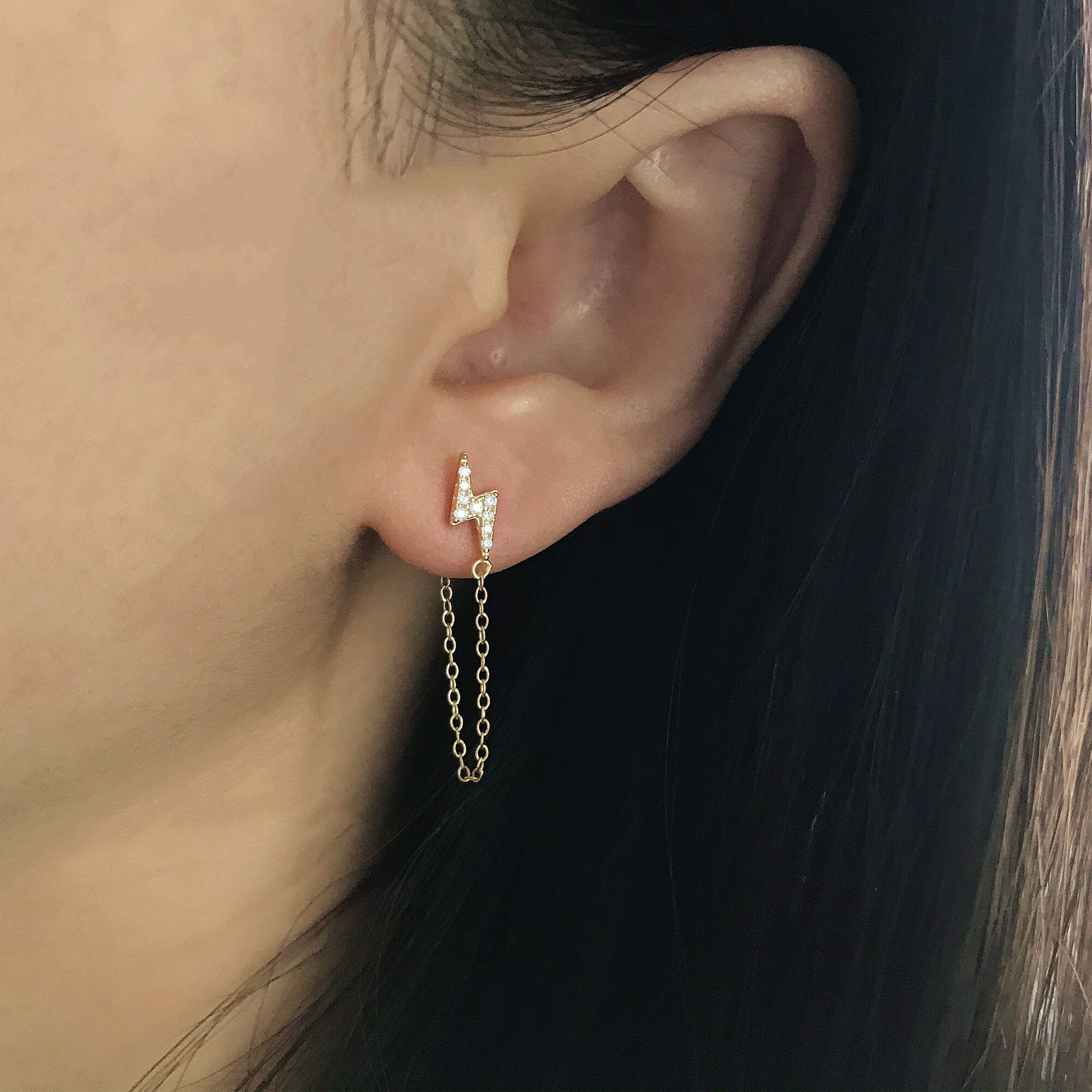 Gold CZ Lightning bolt Chain Earrings, Dainty Chain Earrings, Bar Ear Threader String
