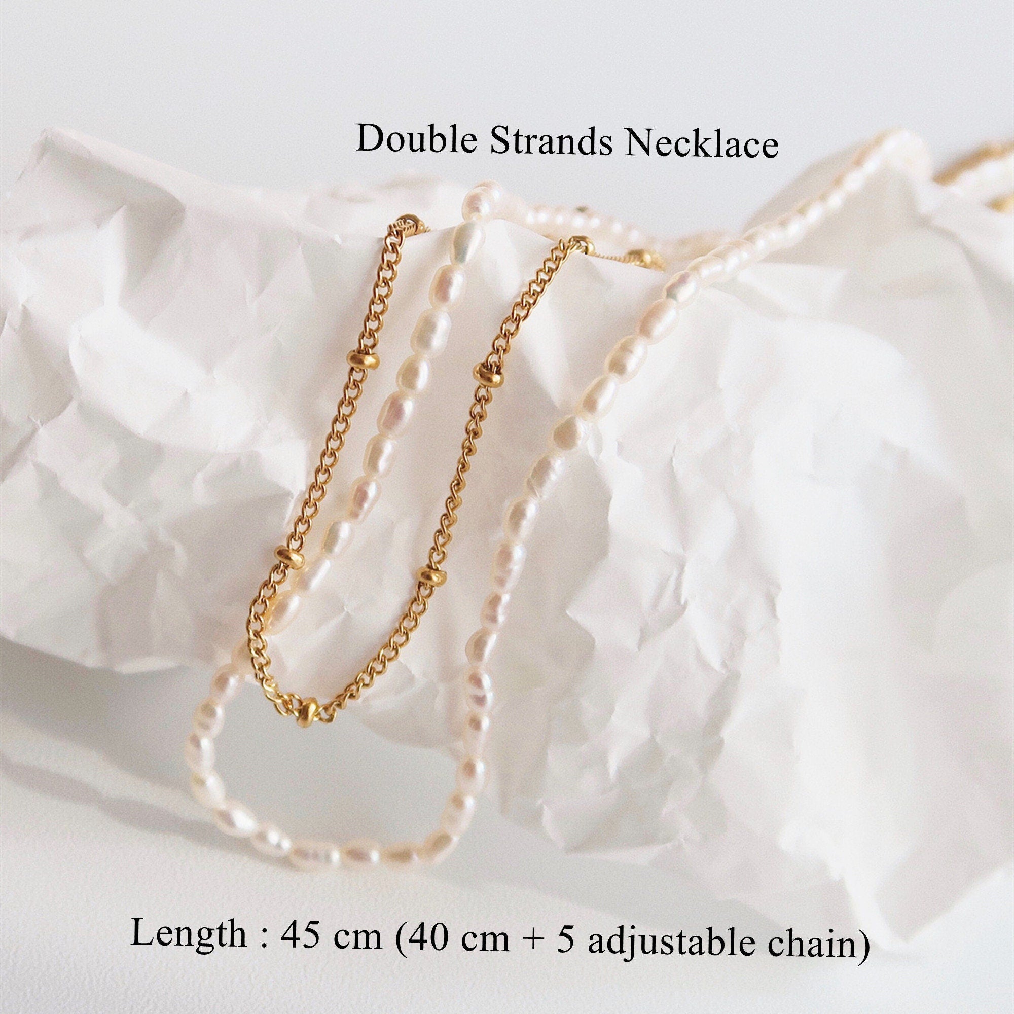 Double Strands ChaIne Choker Neclace "Elya", Gold Beaded Satellite and White Baroque Pearl Layering Necklace With Boho Style