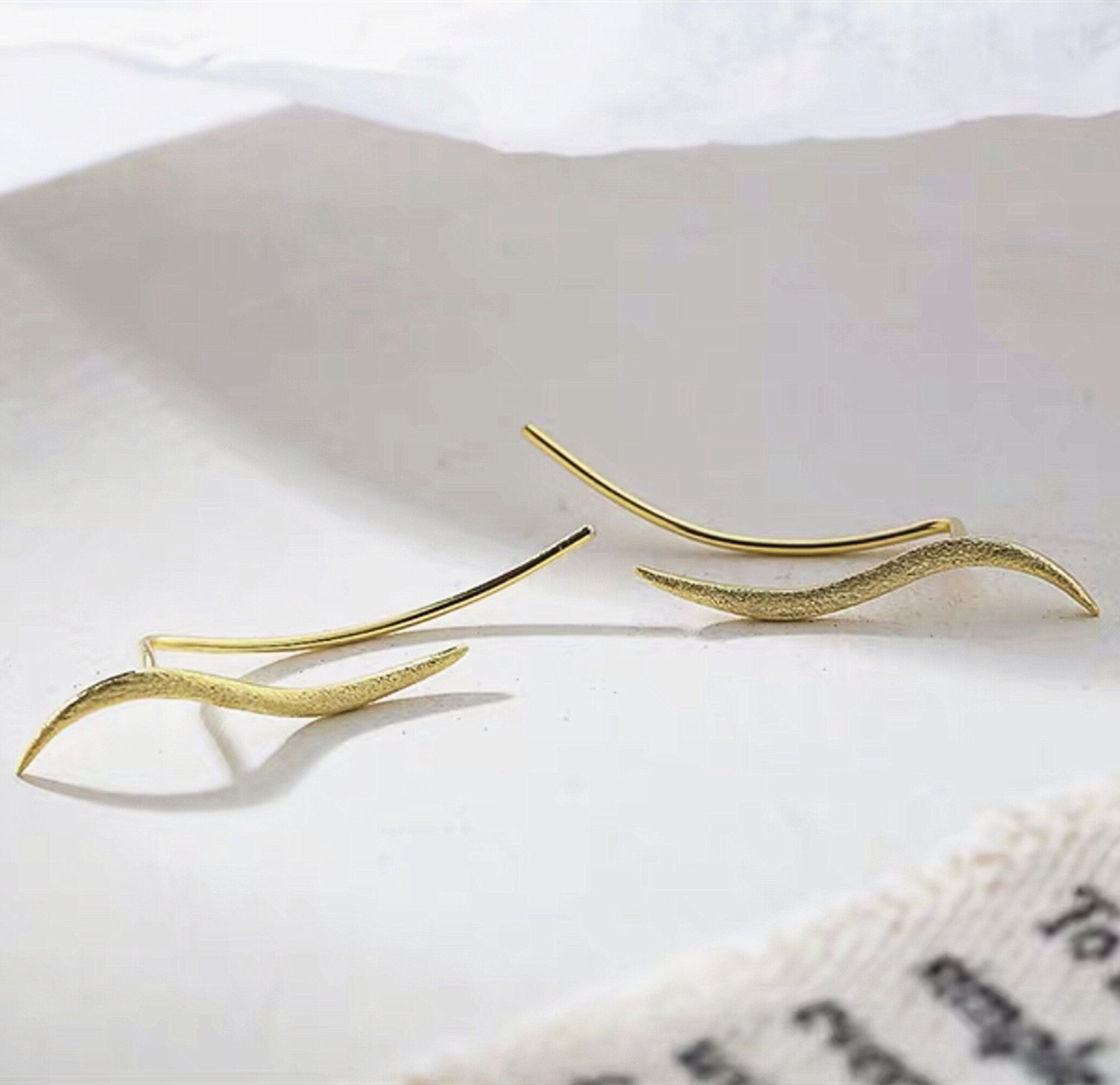 Dainty Gold Wave Ear Climber, Gold plated Ear Crawler, Wave Minimalist Earrings, Simple Ear Climber, Wave Cuff Earrings