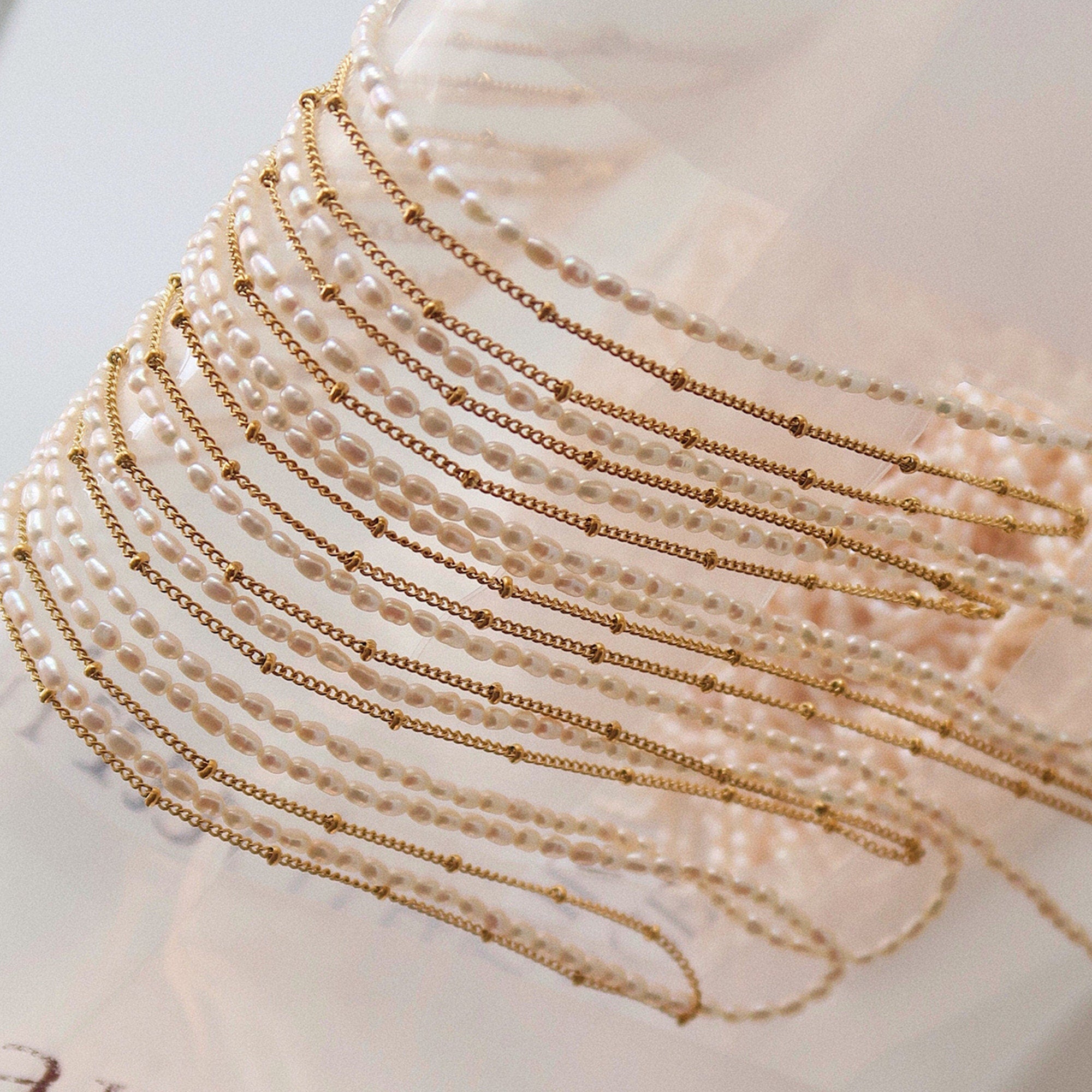 Double Strands ChaIne Choker Neclace "Elya", Gold Beaded Satellite and White Baroque Pearl Layering Necklace With Boho Style