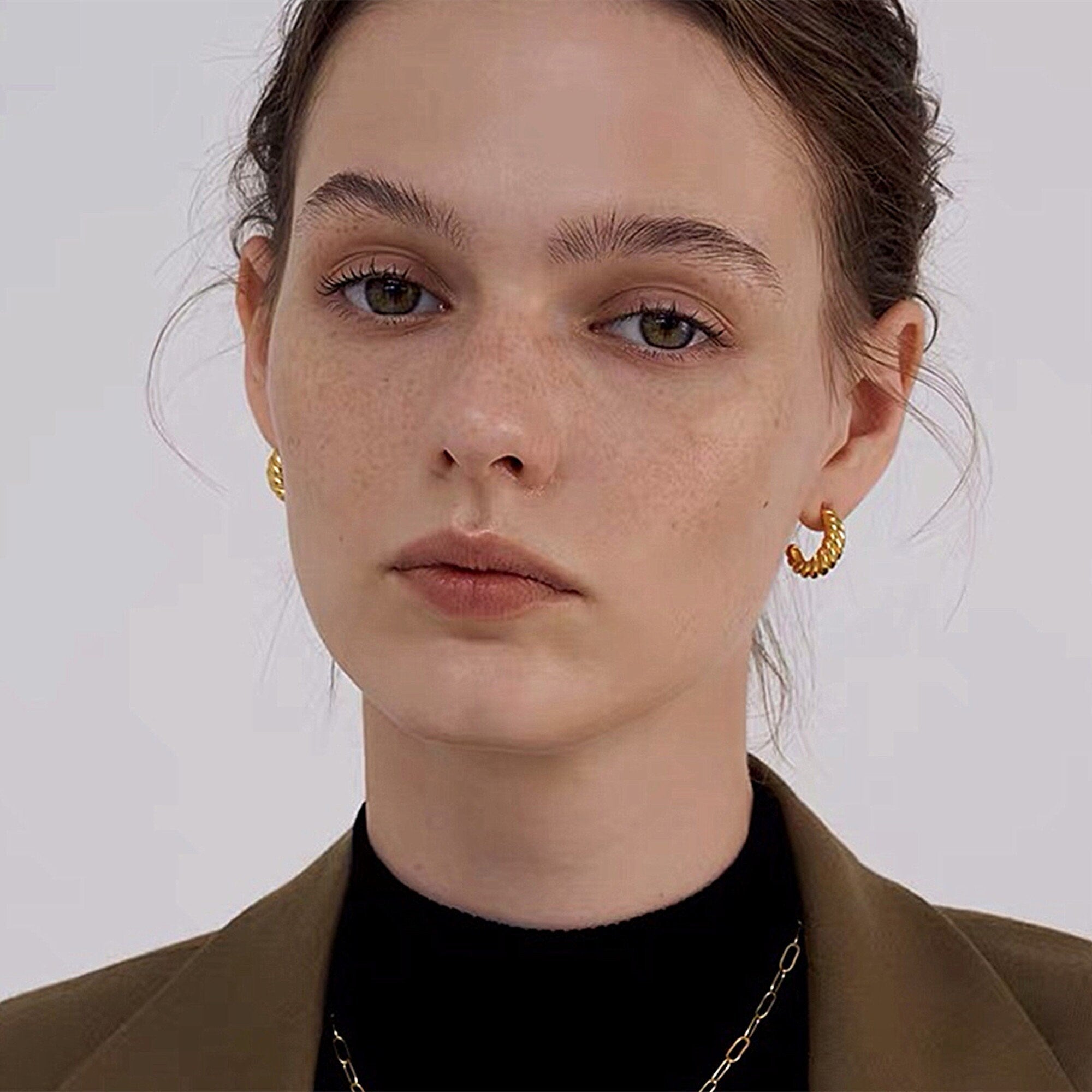 Hoop Earrings "Viola", Dainty Gold Croissant Dome Hoop Earrings, Gold Plated Twisted Earrings