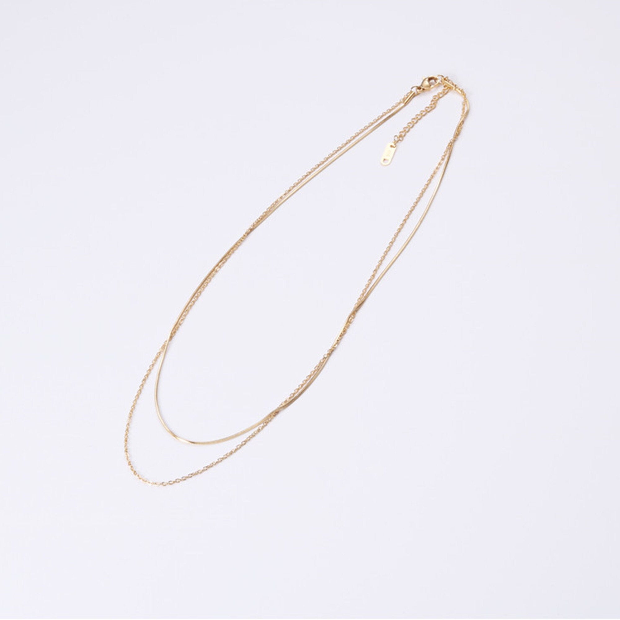 Gold Double Strands Thin Chain and Snake Choker Necklaces, Gold Chain choker Layering Necklace Set