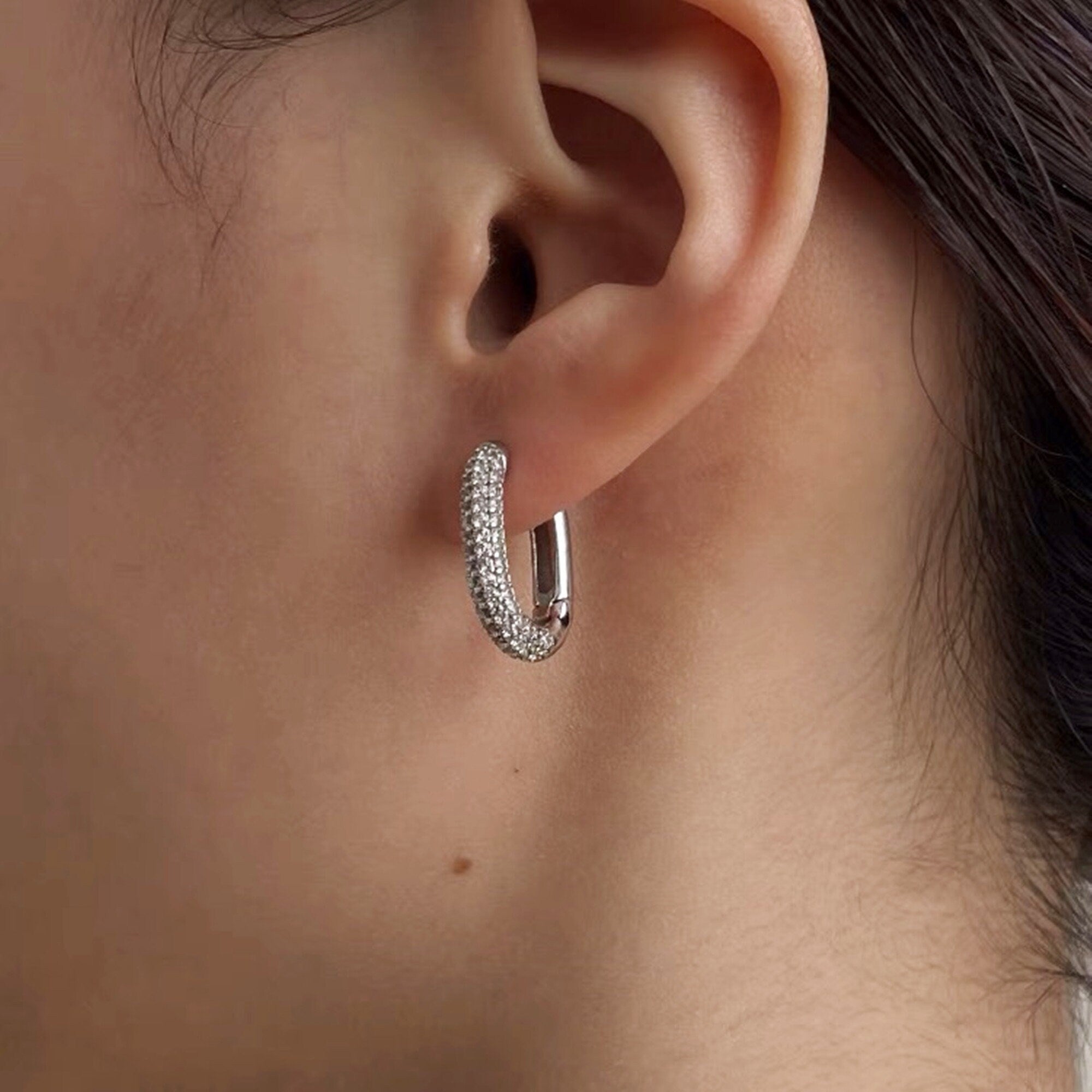 Gold and Silver CZ Ovale Shaped Chunky Hoop Earrings Minimalist Style