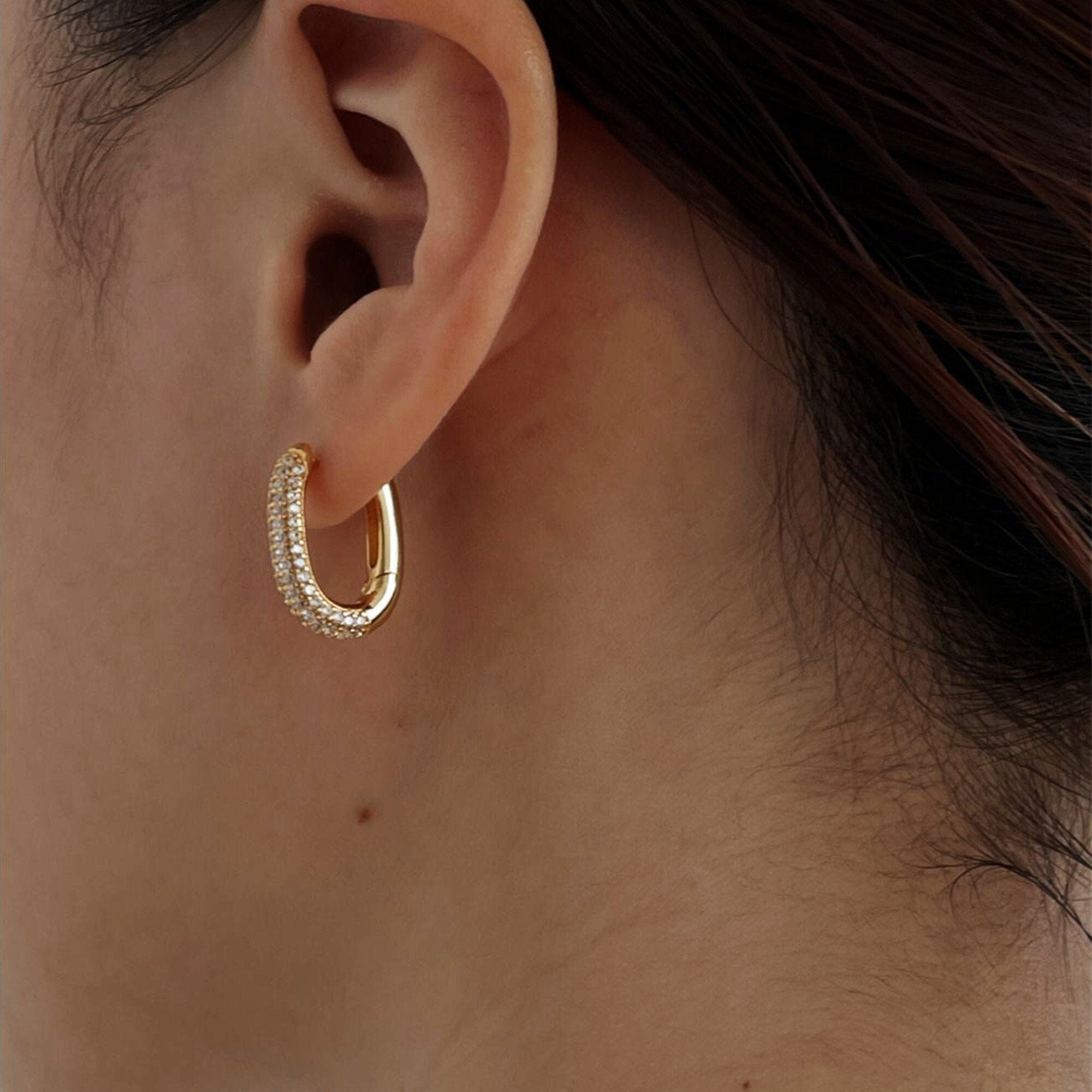 Gold and Silver CZ Ovale Shaped Chunky Hoop Earrings Minimalist Style