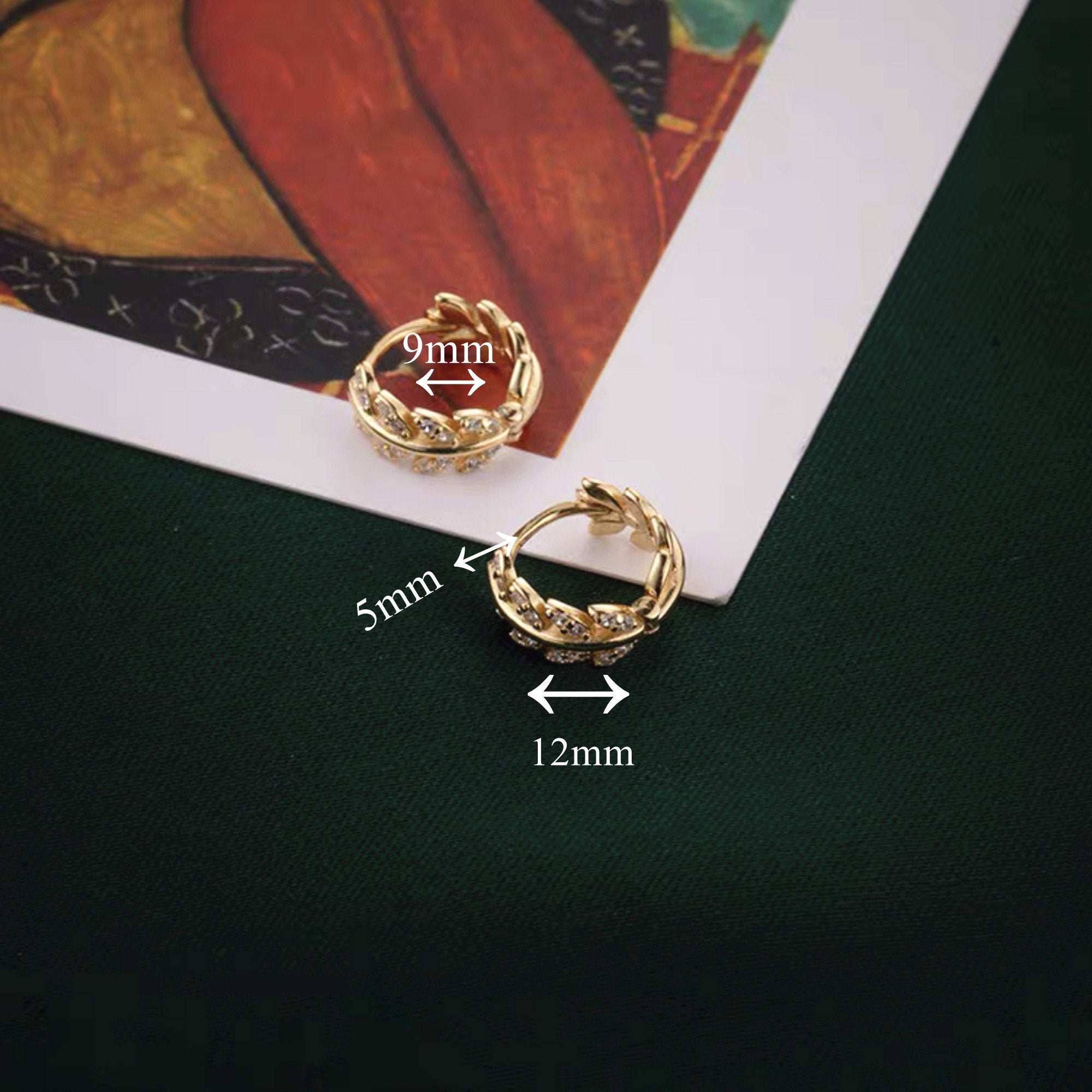 Dainty CZ Gold and Silver Bay Leaves Hoop Earrings, Dainty Tiny Gold Huggie Earrings, Charm Minimaliste hoops earrings, Gifts for her