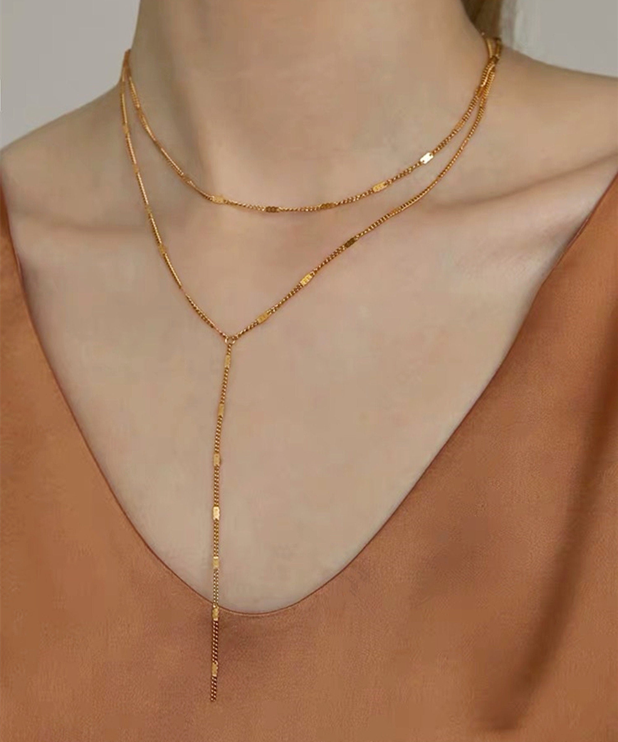 Set of 2 Delicate Gold Chain Choker Necklaces "Y" shape, Gold Chain choker Layering Necklace Set