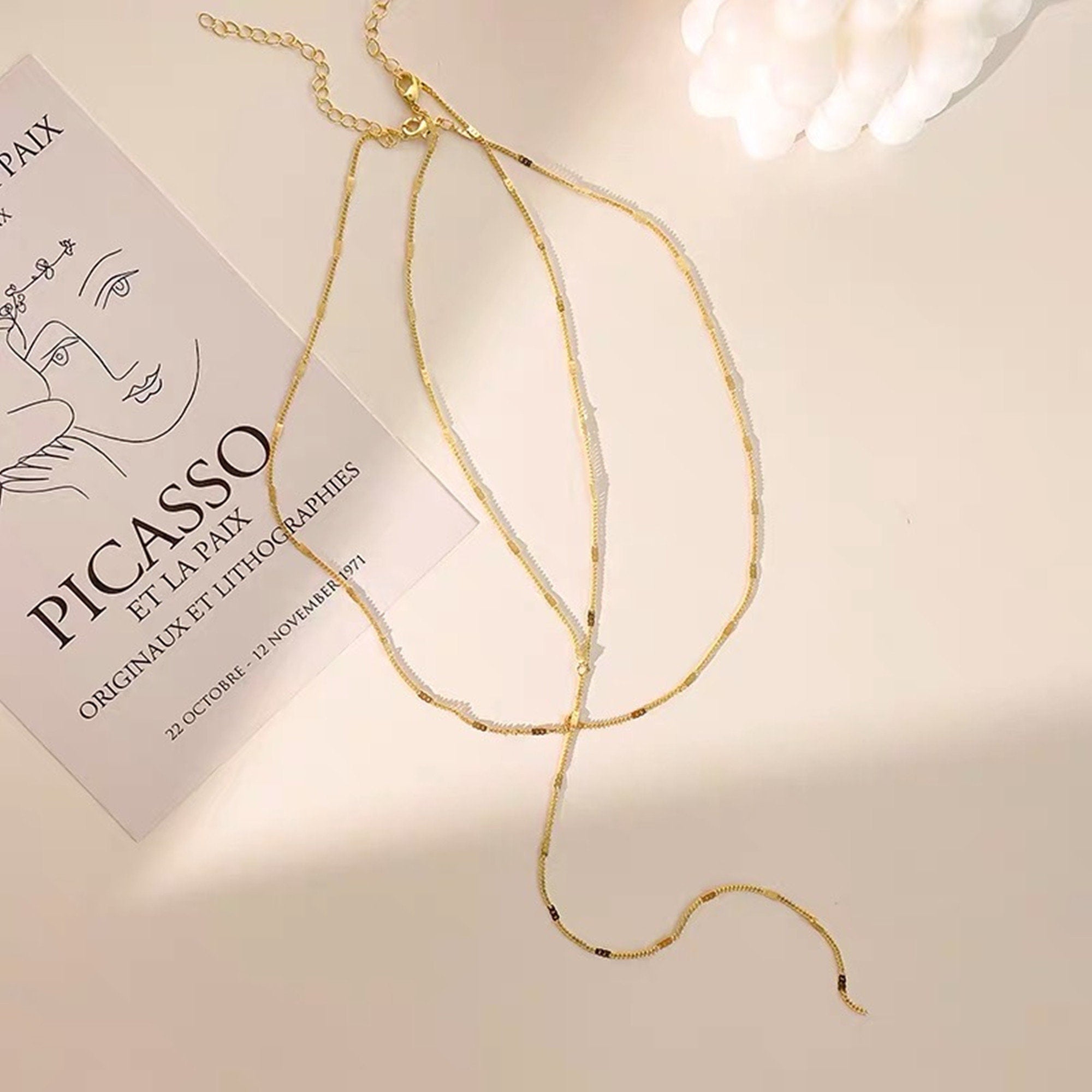 Set of 2 Delicate Gold Chain Choker Necklaces "Y" shape, Gold Chain choker Layering Necklace Set