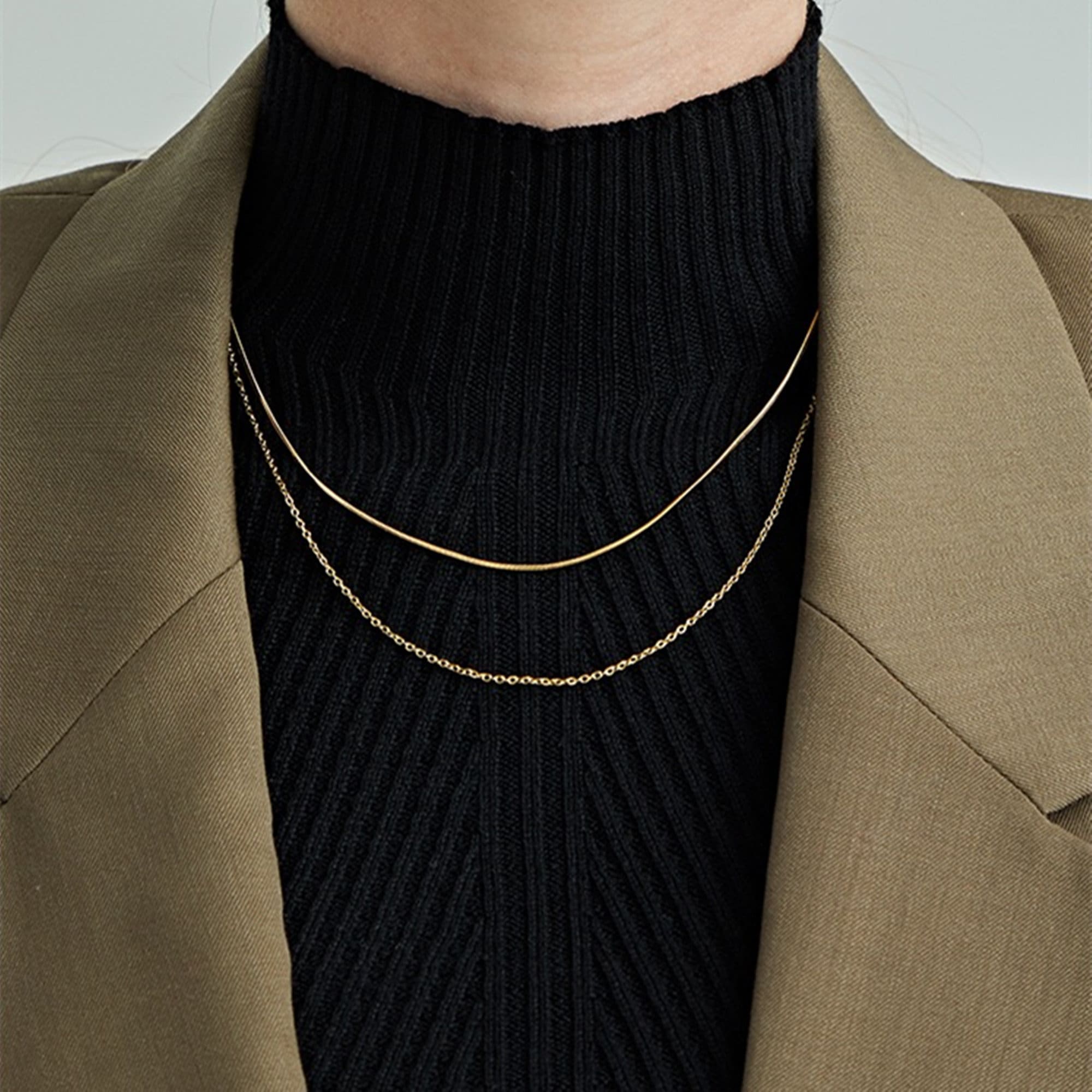 Gold Double Strands Thin Chain and Snake Choker Necklaces, Gold Chain choker Layering Necklace Set