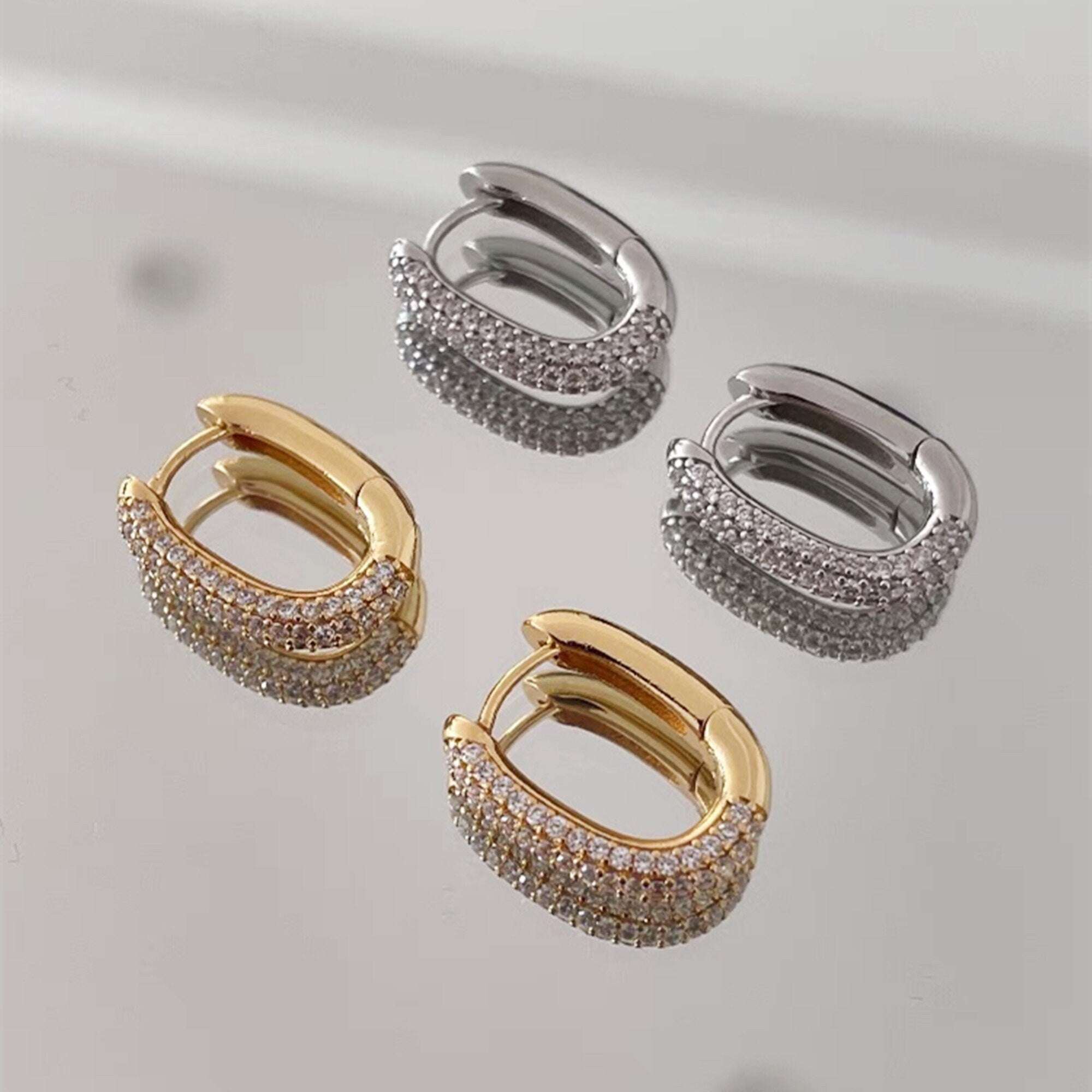 Gold and Silver CZ Ovale Shaped Chunky Hoop Earrings Minimalist Style