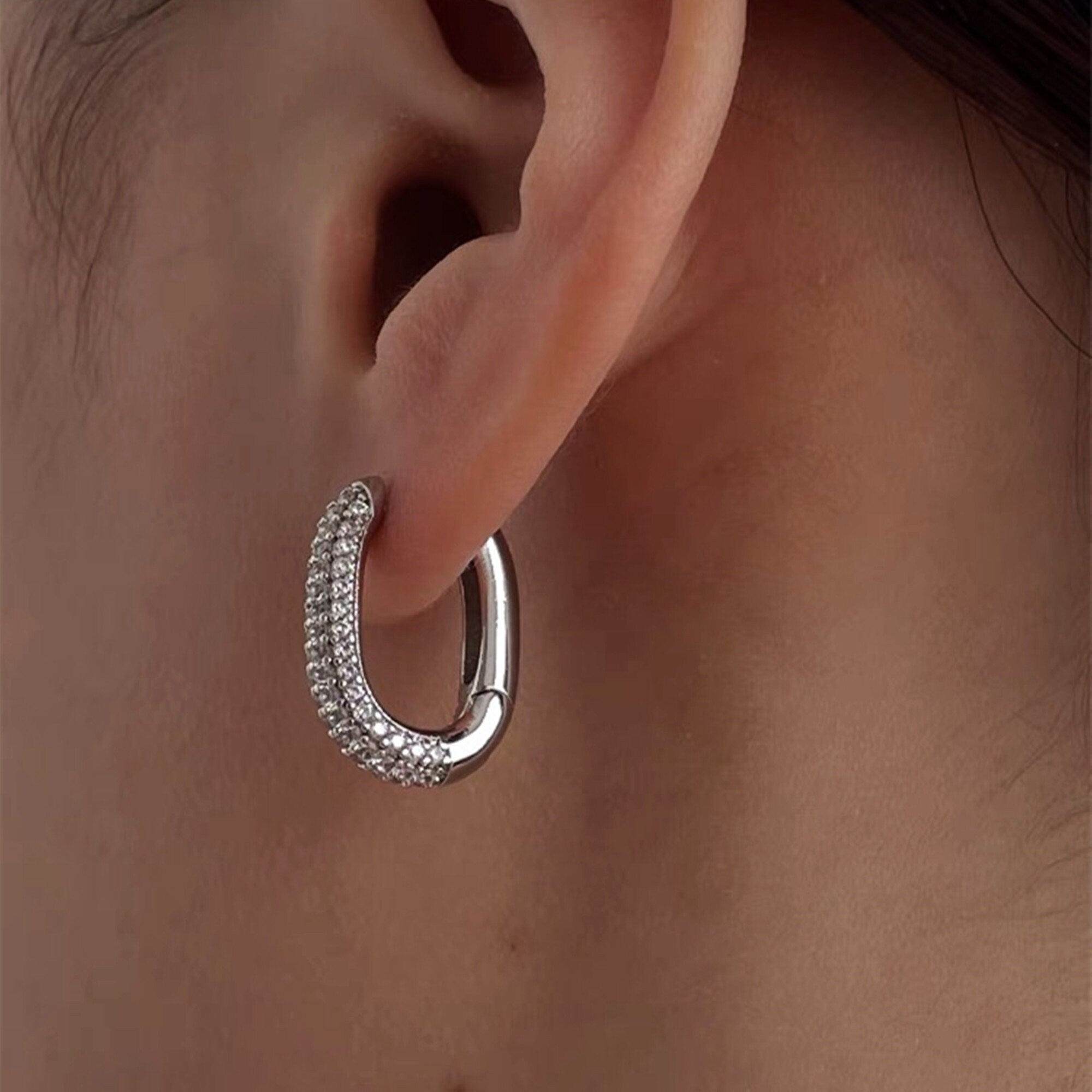 Gold and Silver CZ Ovale Shaped Chunky Hoop Earrings Minimalist Style