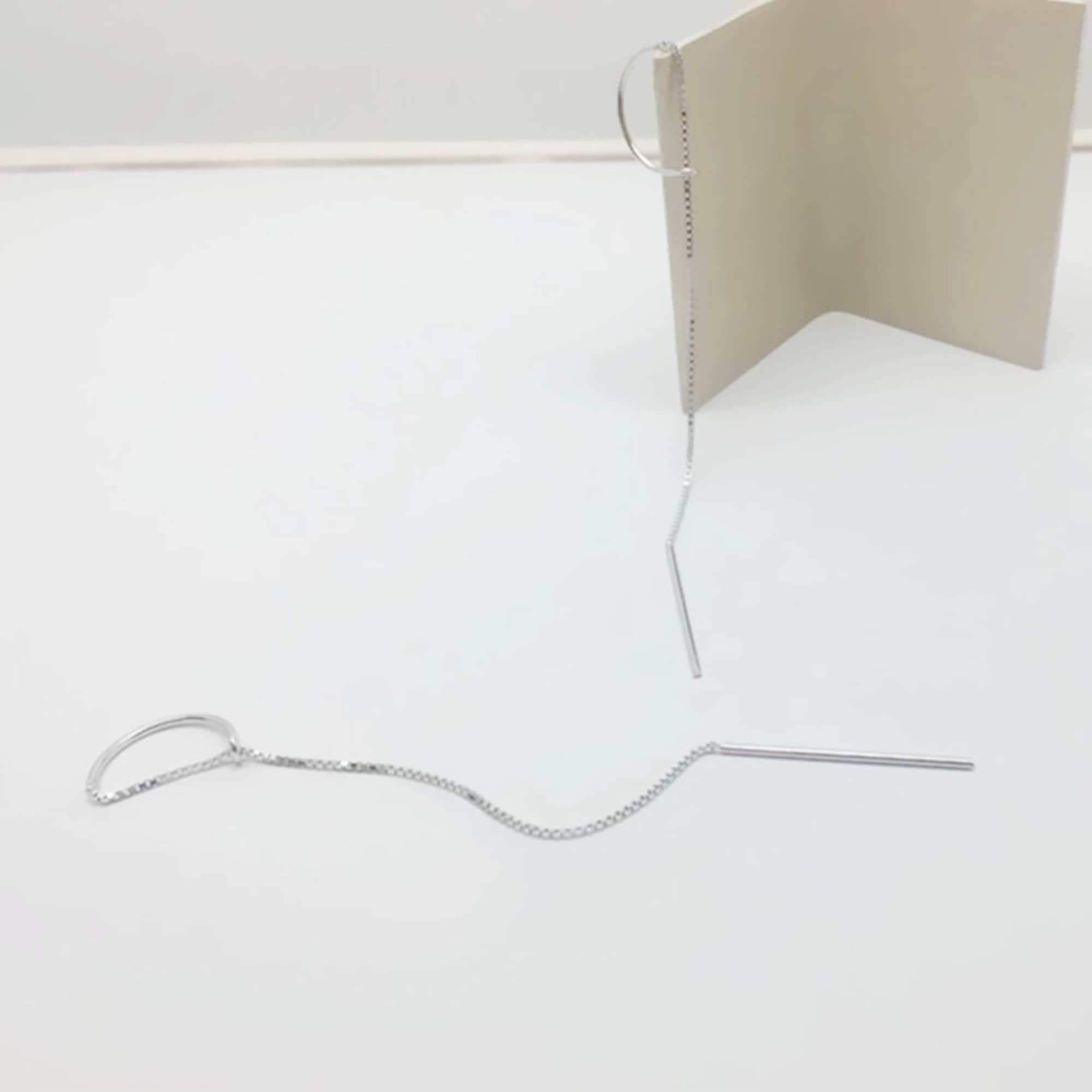 Gold Long Threader Earrings, Dainty Chain Earrings, Pull Through Earrings, Bar Ear Threader String Earrings, Circle Threader Dangle Earrings