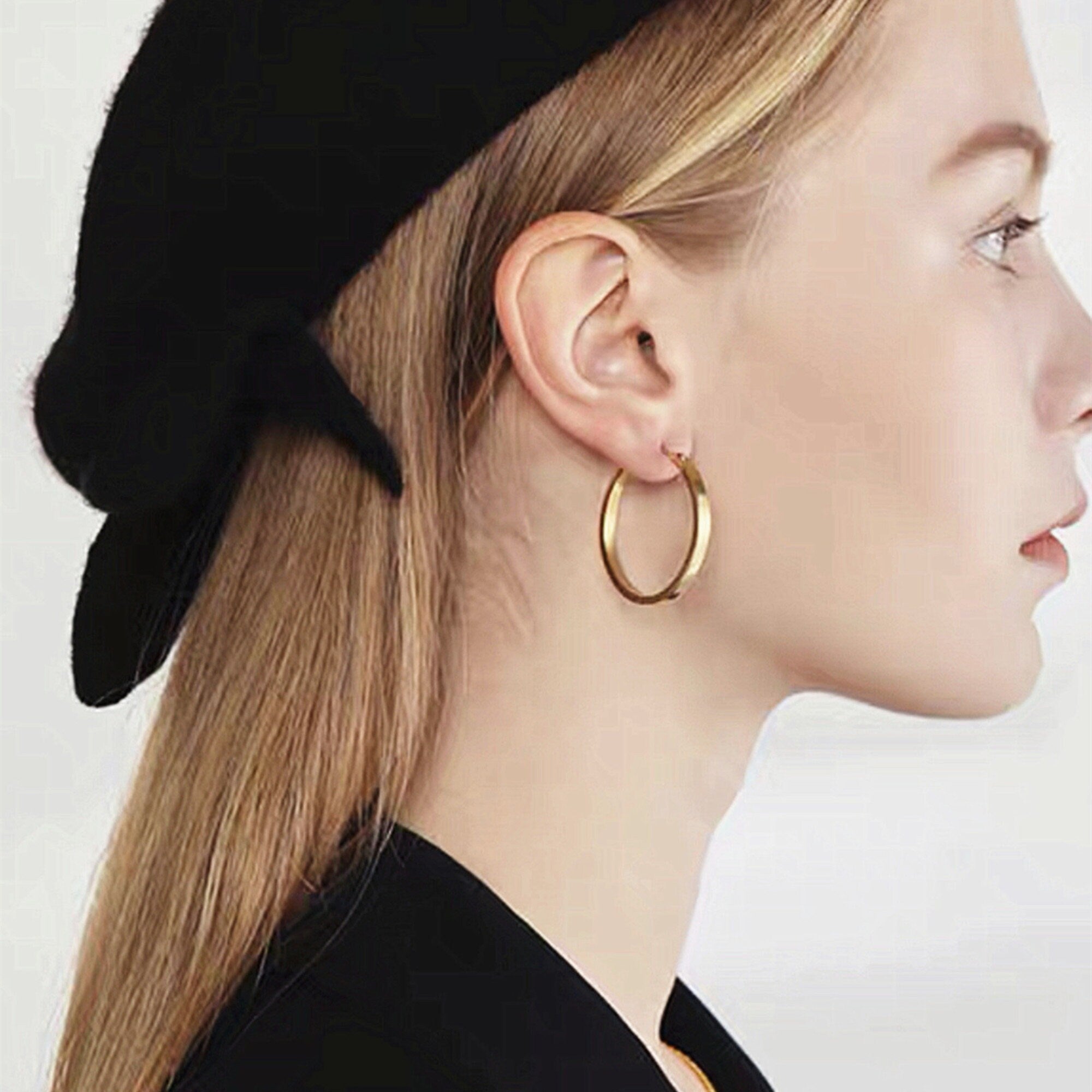 Dainty Gold Large and Flat Hoop Hoop Earrings Minimalist Style, Simple Thick Gold Vintage Hoops, Birthday Gift or Mothers day jewelry