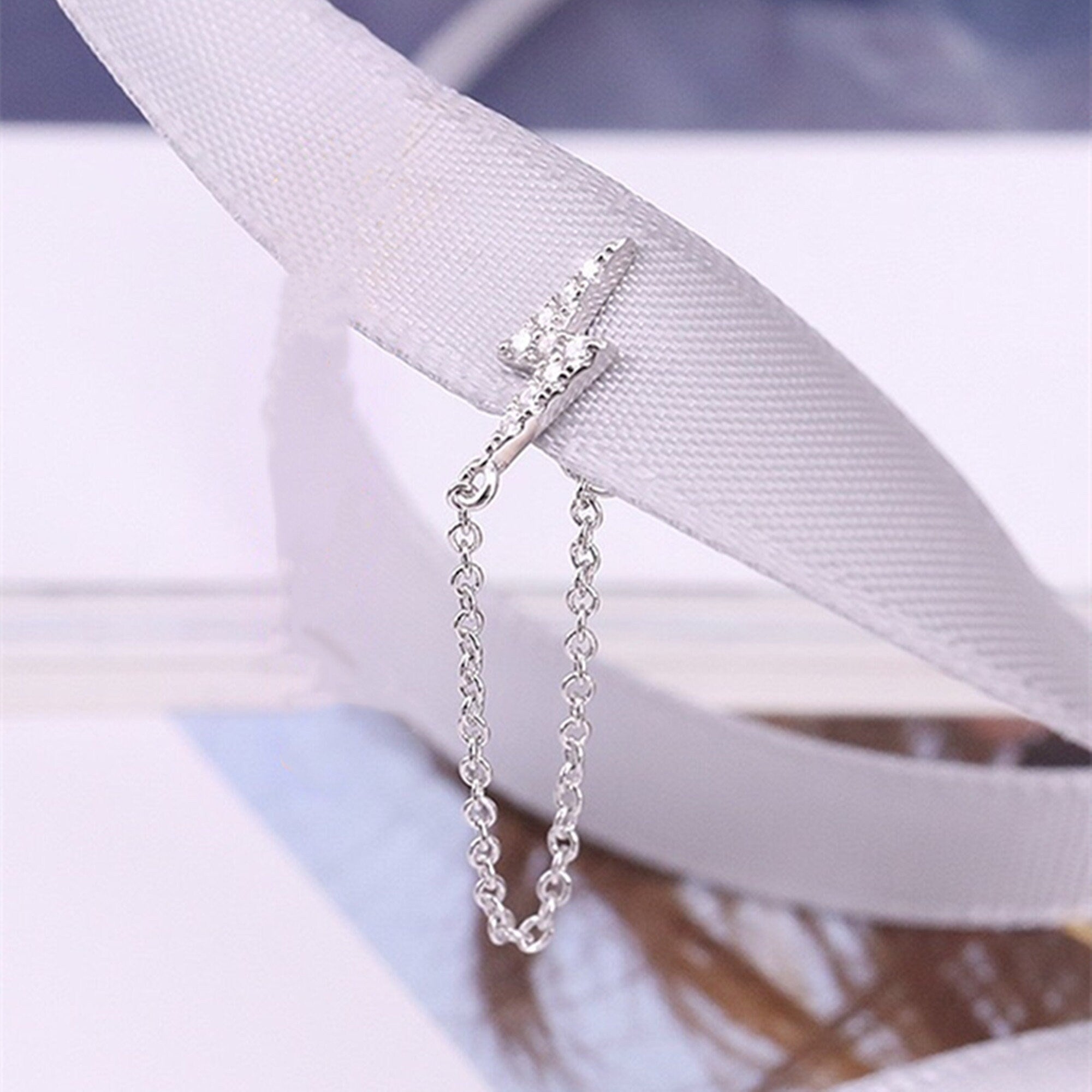 Gold CZ Lightning bolt Chain Earrings, Dainty Chain Earrings, Bar Ear Threader String