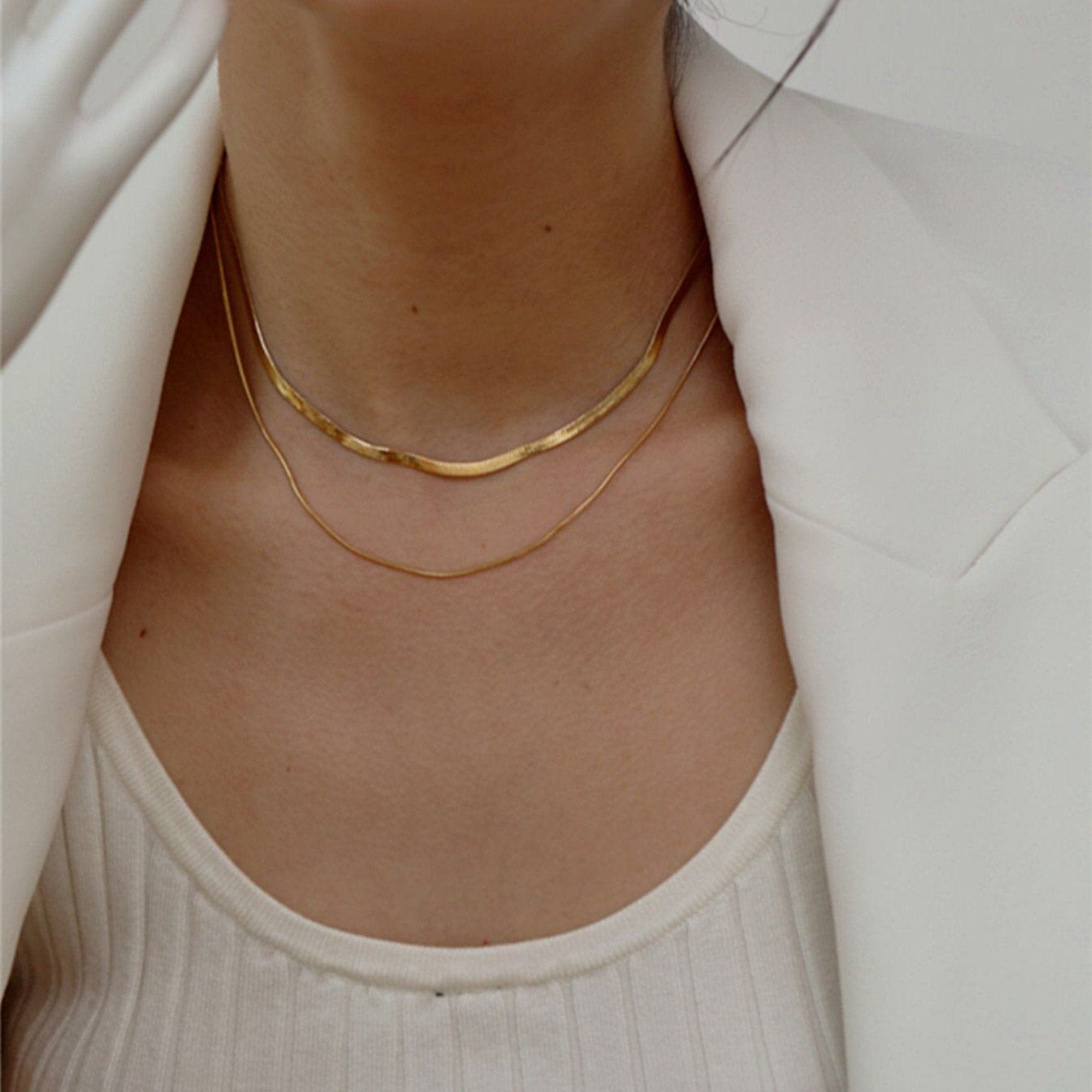 Dainty Gold Double Strands Thick and Thin Snake Choker, Gold Thin Herringbone Chaine Necklace