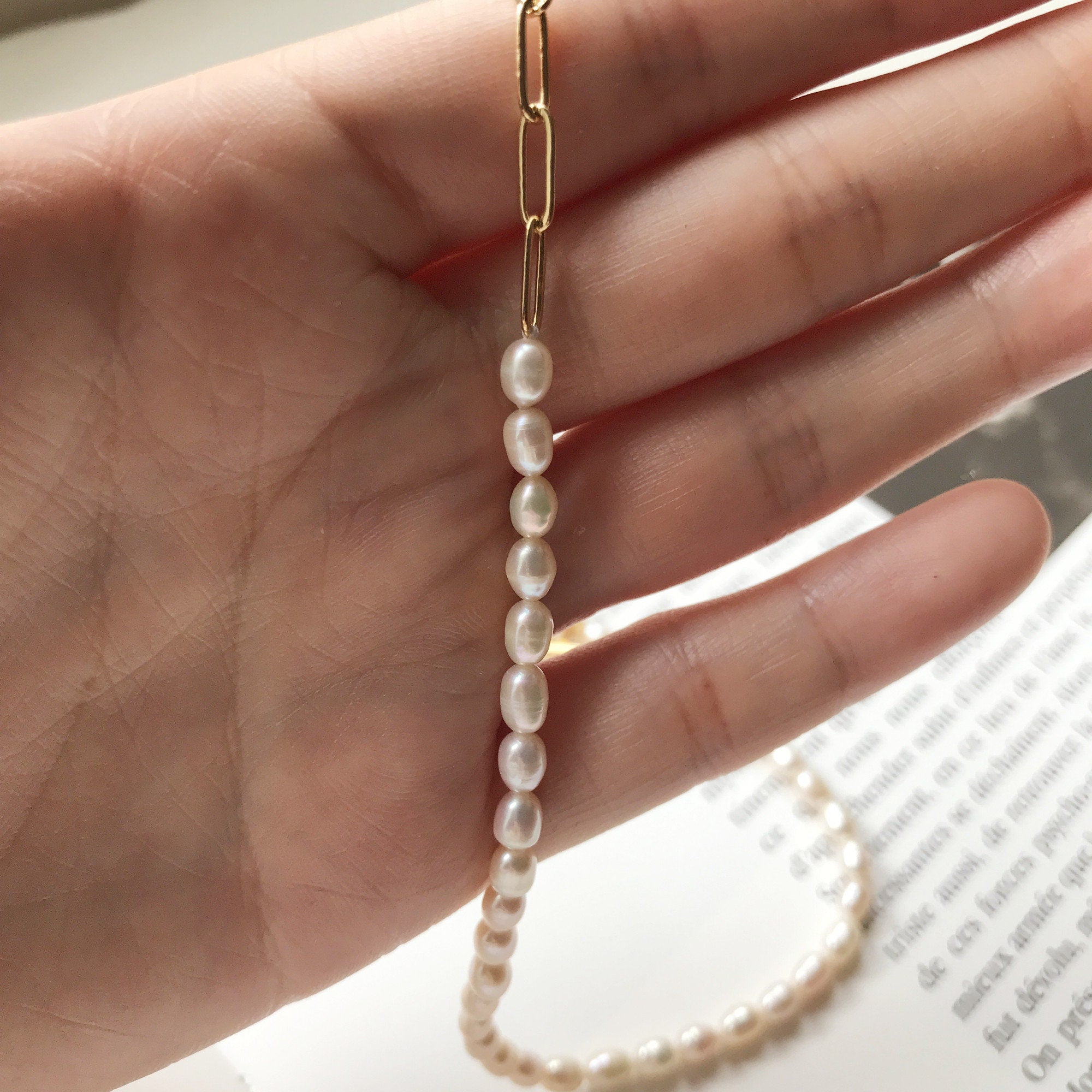 Dainty Half White Oval Pearl Half Gold Plated Box Chain Choker Necklace