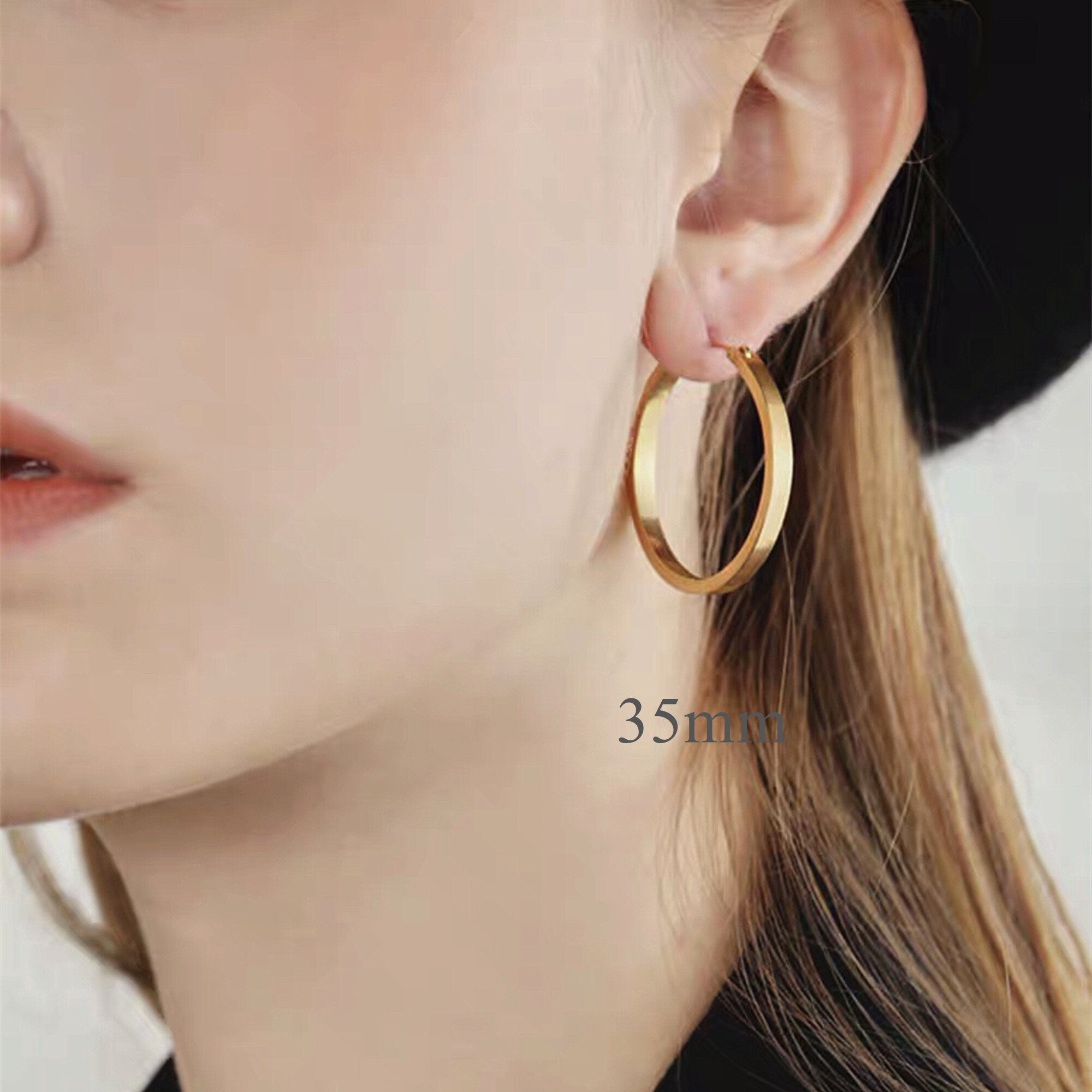 Dainty Gold Large and Flat Hoop Hoop Earrings Minimalist Style, Simple Thick Gold Vintage Hoops, Birthday Gift or Mothers day jewelry