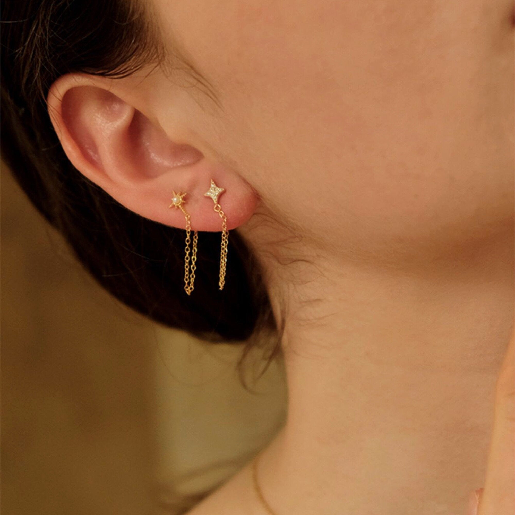 Gold and Silver CZ or Pearl Star Chain Earrings, Dainty Moon Bar Ear Threader String