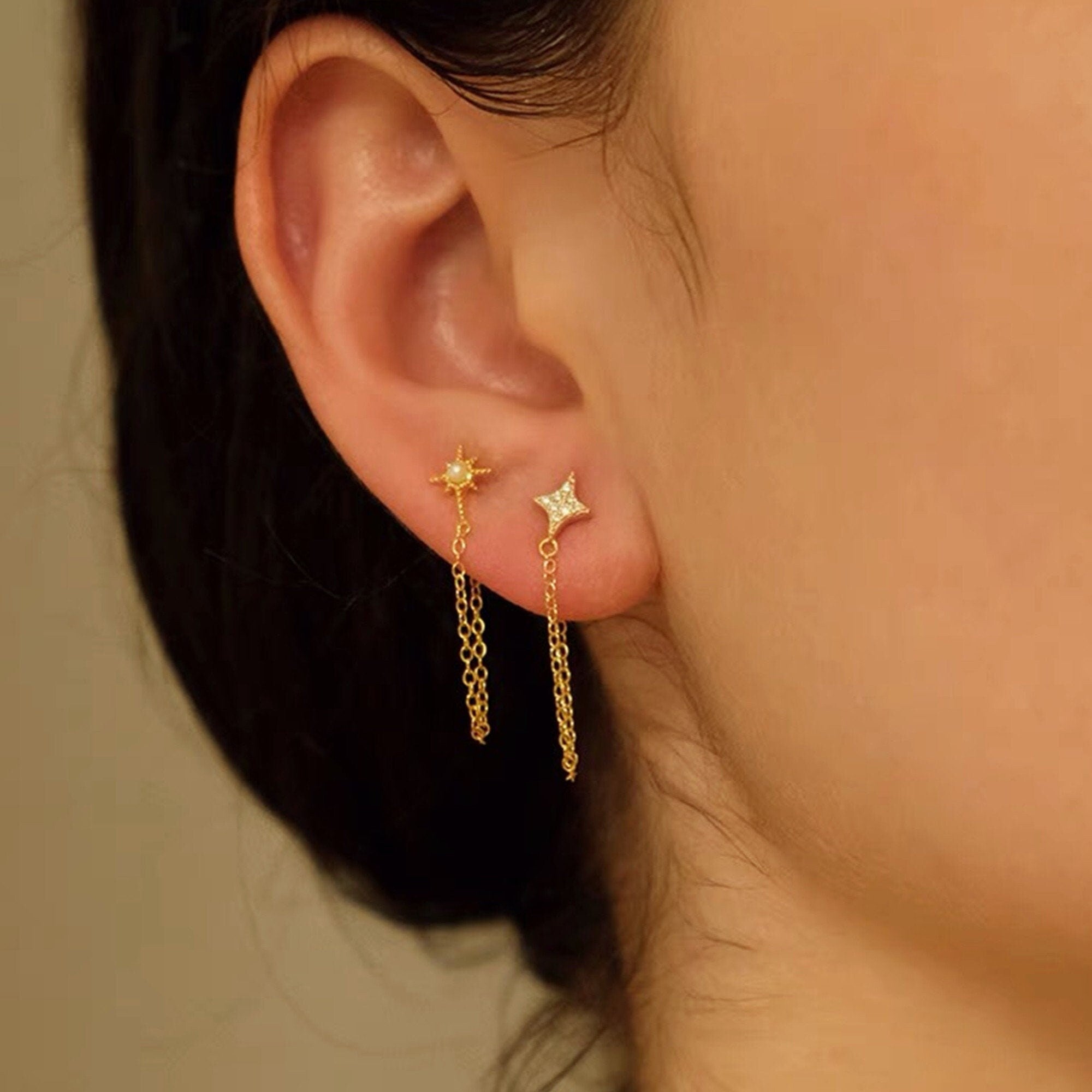 Gold and Silver CZ or Pearl Star Chain Earrings, Dainty Moon Bar Ear Threader String